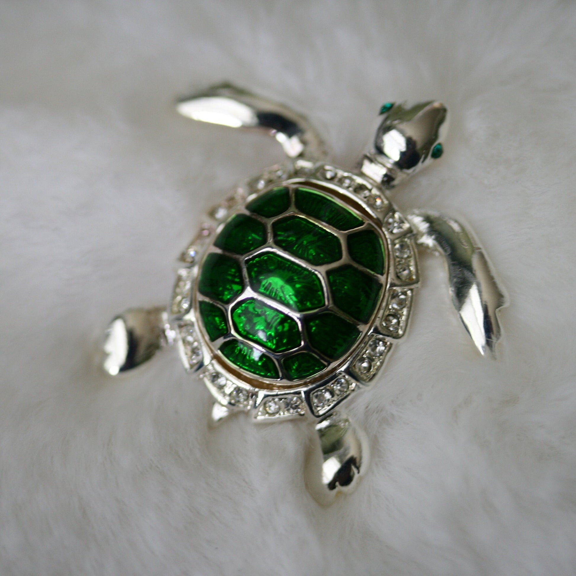 Turtle Pin Brooch, Dark Green Enamel Color Turtle Pin, Rhinestone Elegant Tortoise