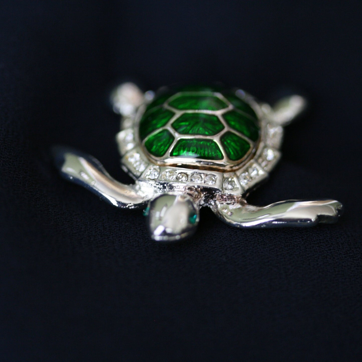 Turtle Pin Brooch, Dark Green Enamel Color Turtle Pin, Rhinestone Elegant Tortoise