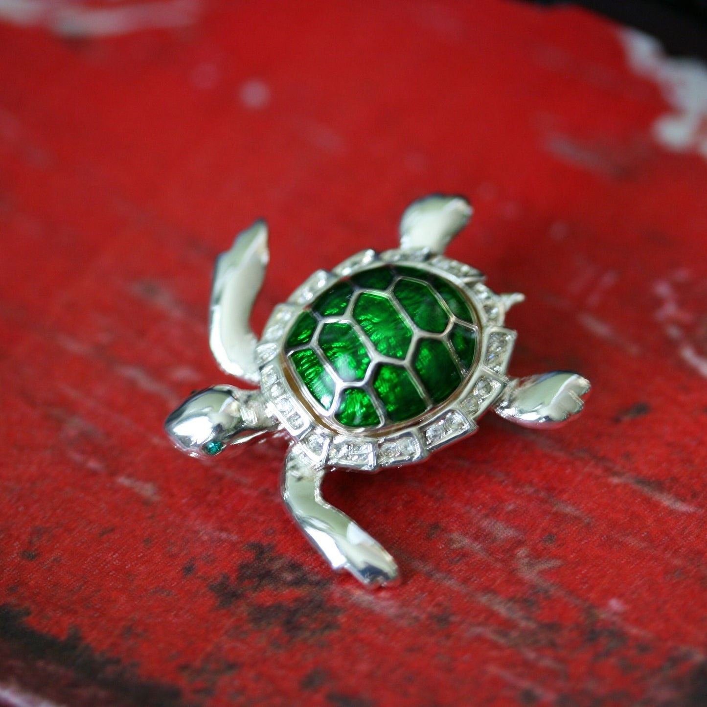 Turtle Pin Brooch, Dark Green Enamel Color Turtle Pin, Rhinestone Elegant Tortoise