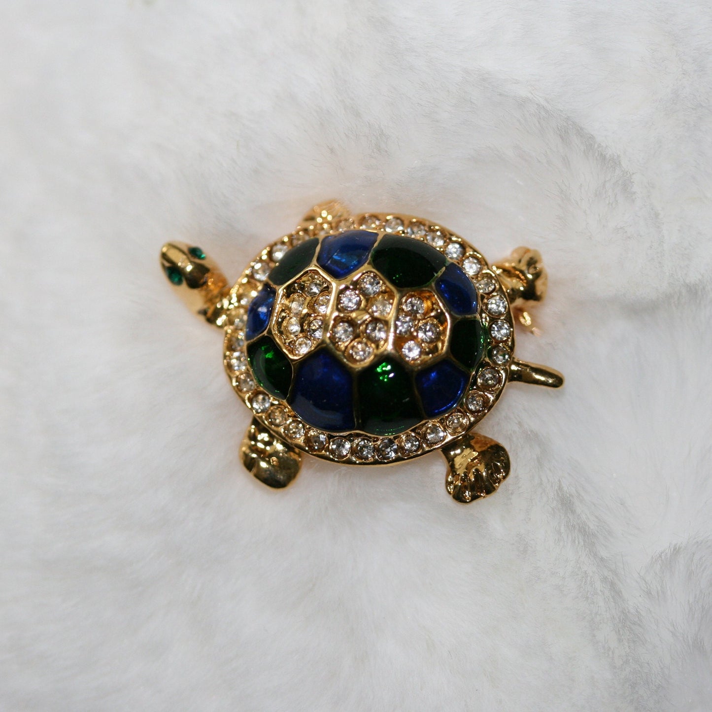 Vintage Turtle Brooch Gold Tone, Blue/Green Enameled Shell with Crystal Clear Rhinestones, Turtle Pin