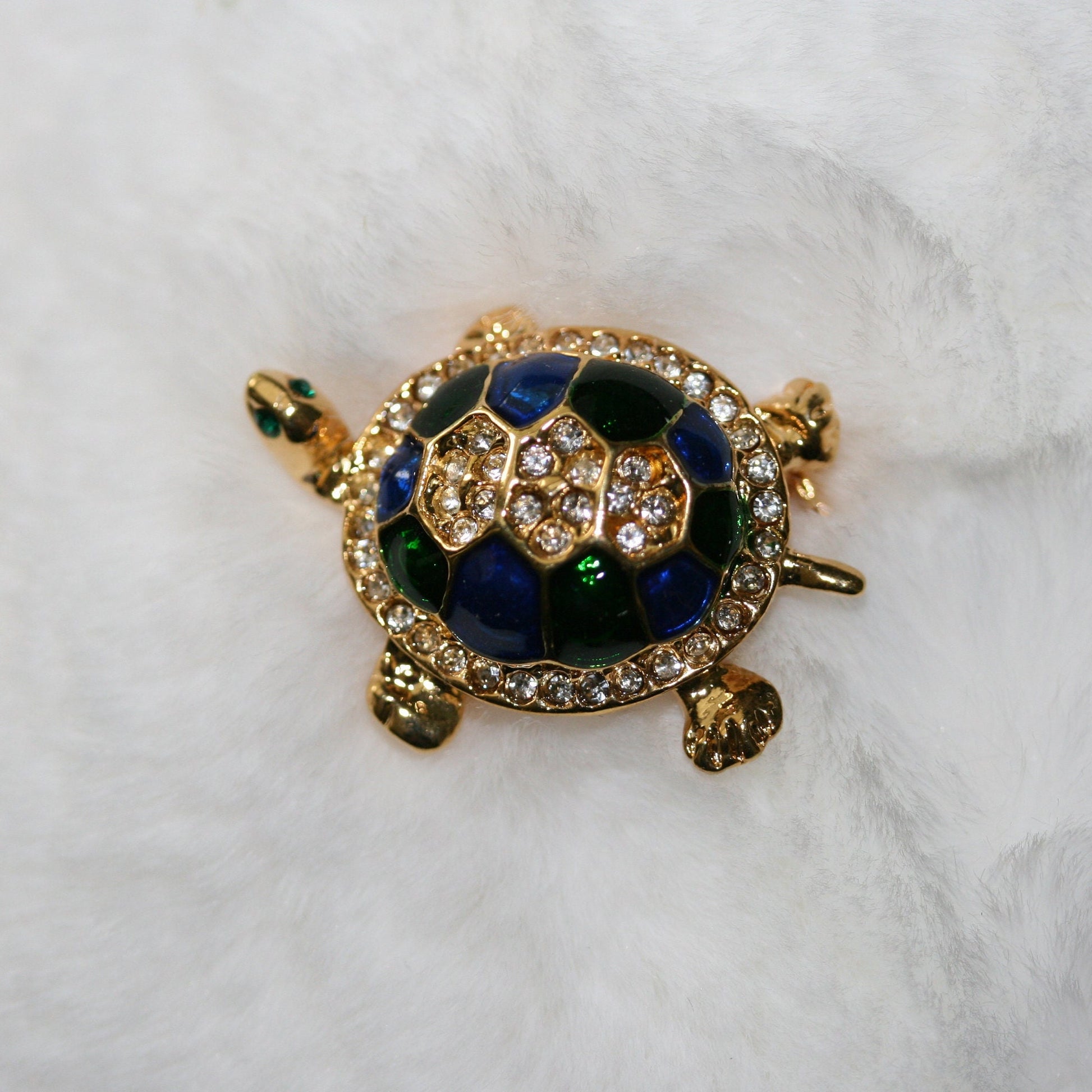 Vintage Turtle Brooch Gold Tone, Blue/Green Enameled Shell with Crystal Clear Rhinestones, Turtle Pin