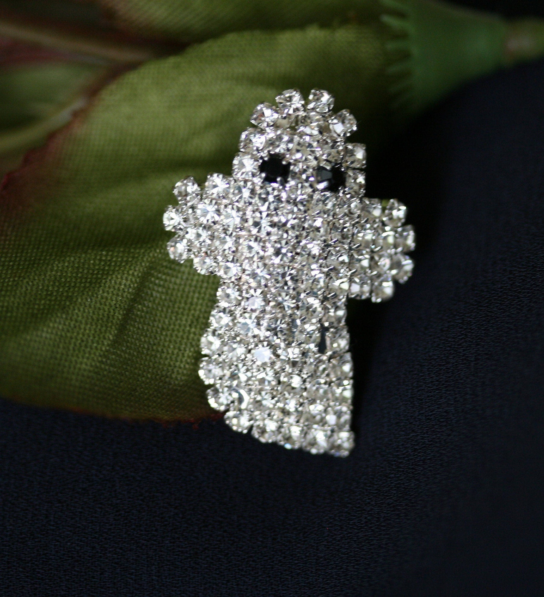 Adorable Rhinestone Baby Ghost Halloween Pin Brooch, Silver Planted Ghost Earrings, Halloween Costume Ghost Jewelry Set