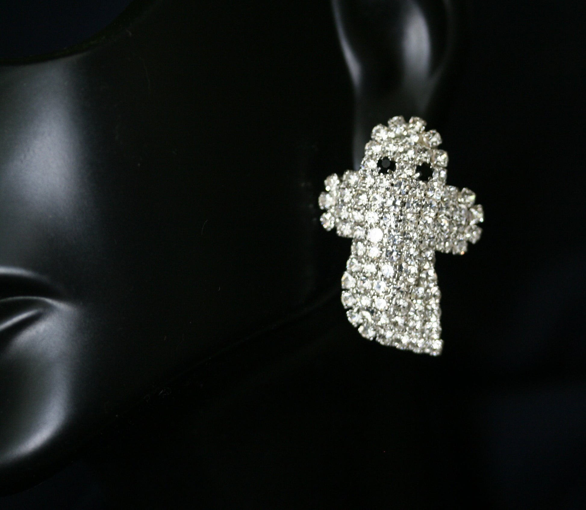 Adorable Rhinestone Baby Ghost Halloween Pin Brooch, Silver Planted Ghost Earrings, Halloween Costume Ghost Jewelry Set