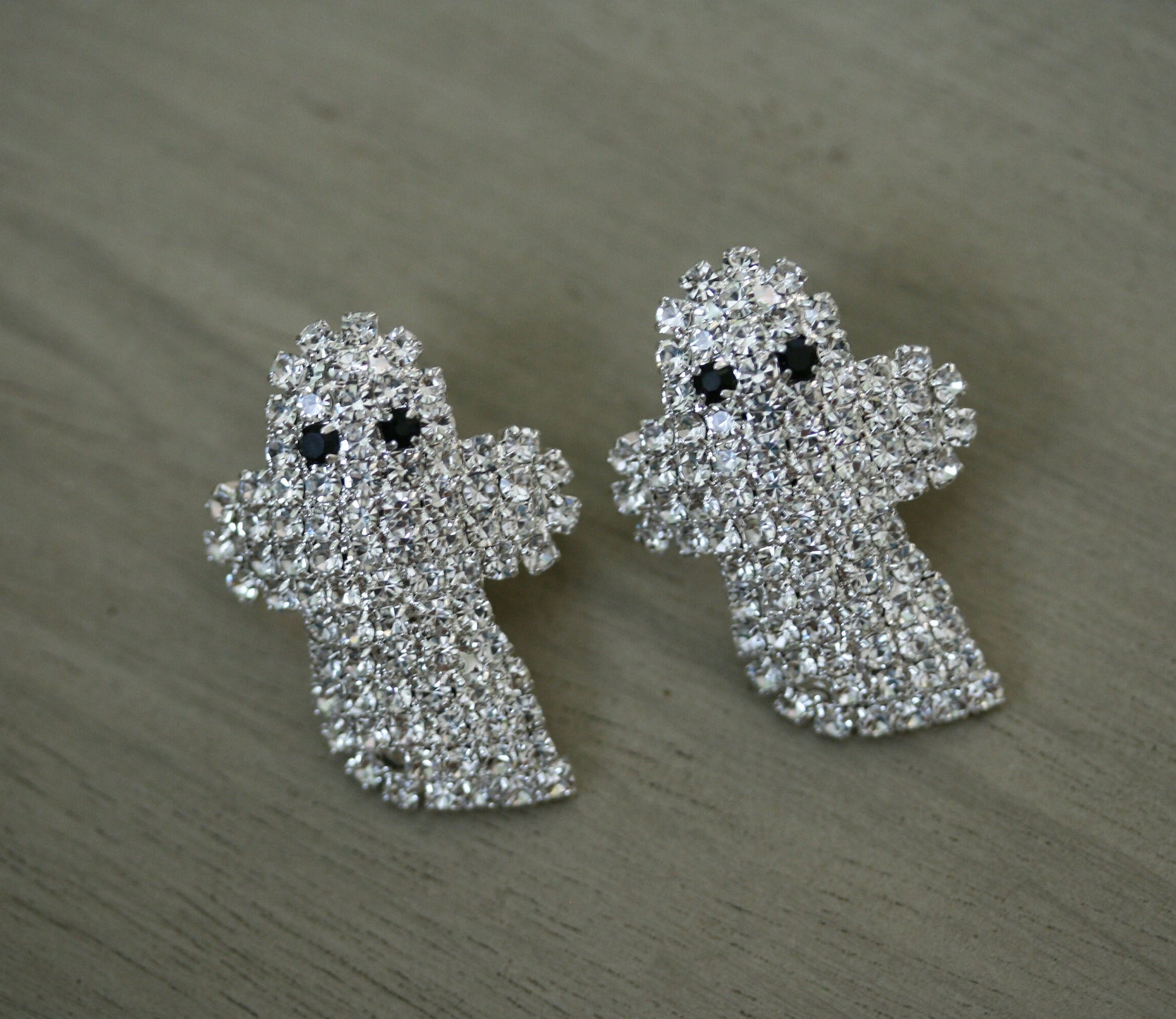 Adorable Rhinestone Baby Ghost Halloween Pin Brooch, Silver Planted Ghost Earrings, Halloween Costume Ghost Jewelry Set