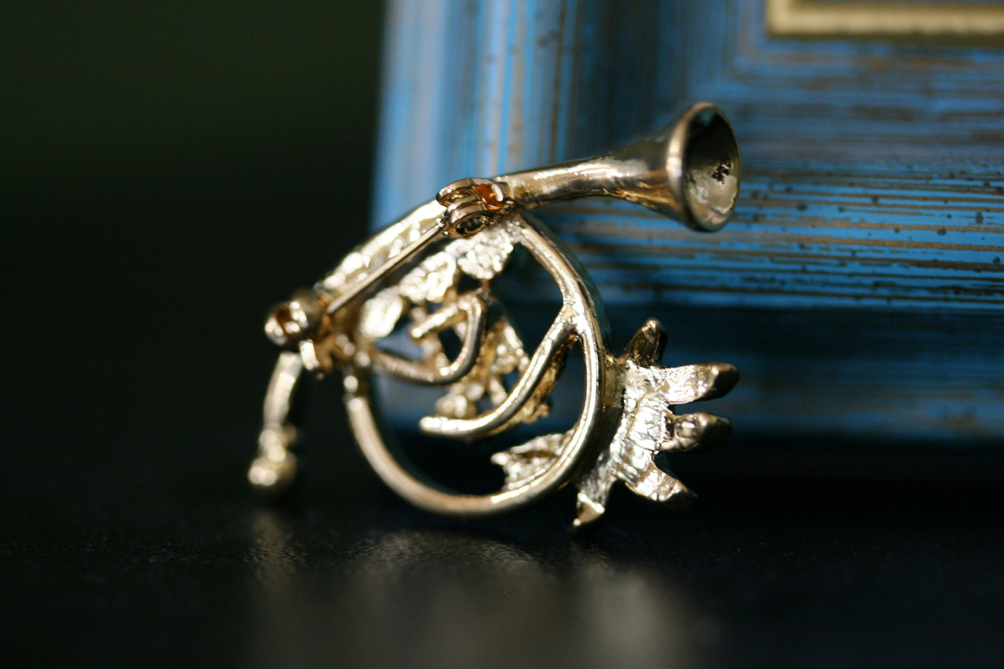 Christmas Holiday - French Horn - Gold Tone / Rhinestone Brooches, Xmas French Horn Pin, Holiday Gift