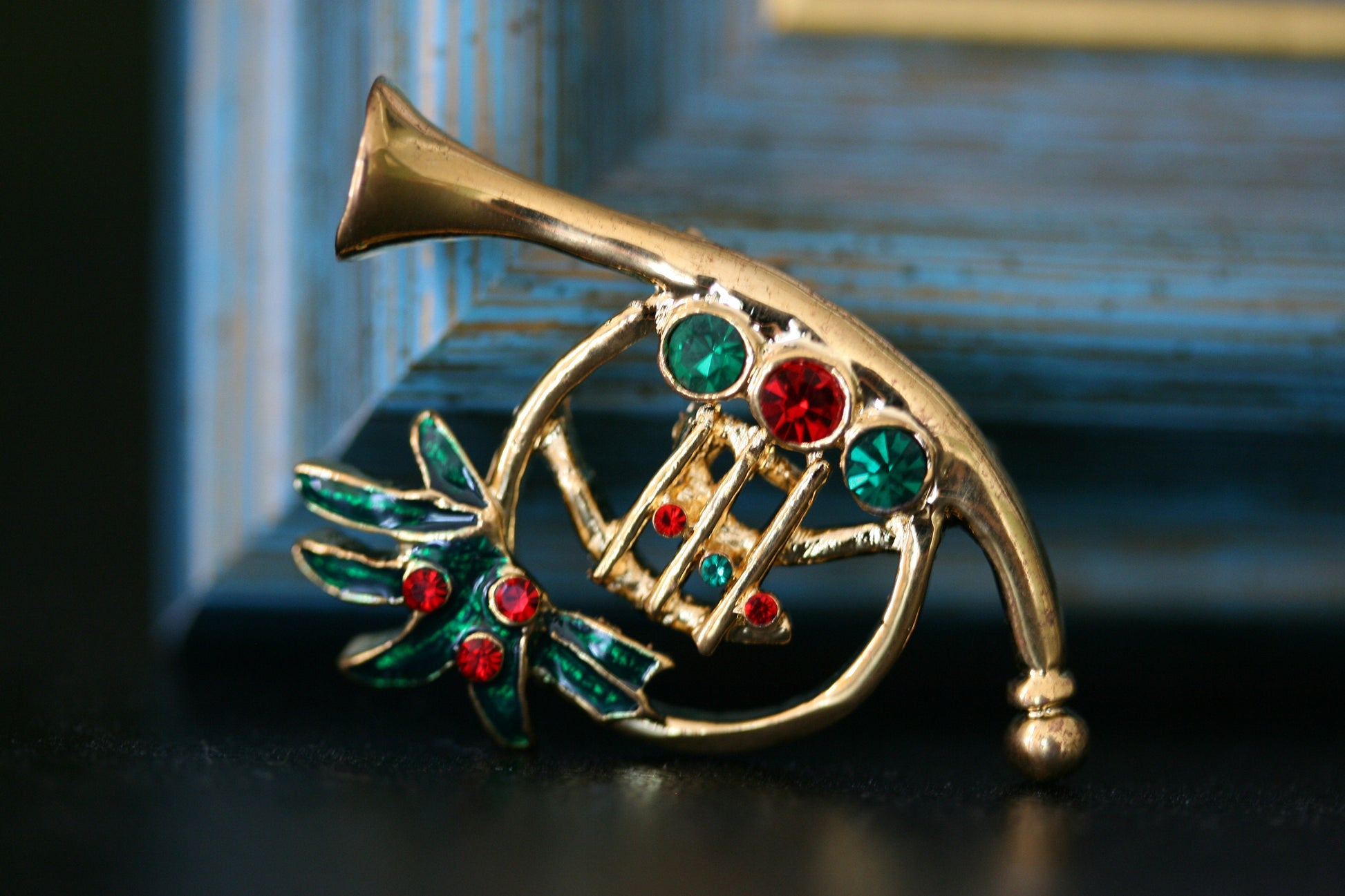 Christmas Holiday - French Horn - Gold Tone / Rhinestone Brooches, Xmas French Horn Pin, Holiday Gift