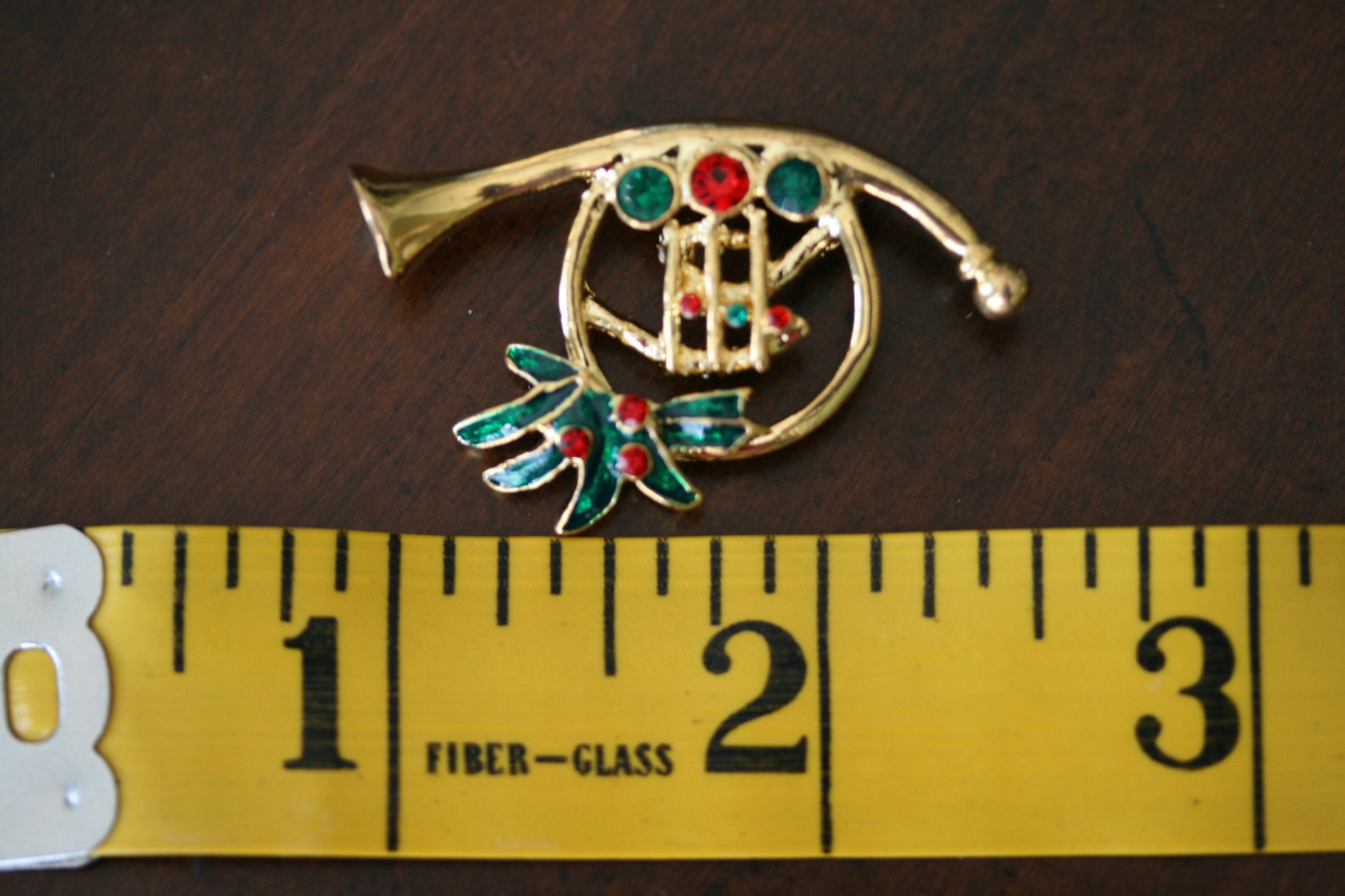 Christmas Holiday - French Horn - Gold Tone / Rhinestone Brooches, Xmas French Horn Pin, Holiday Gift