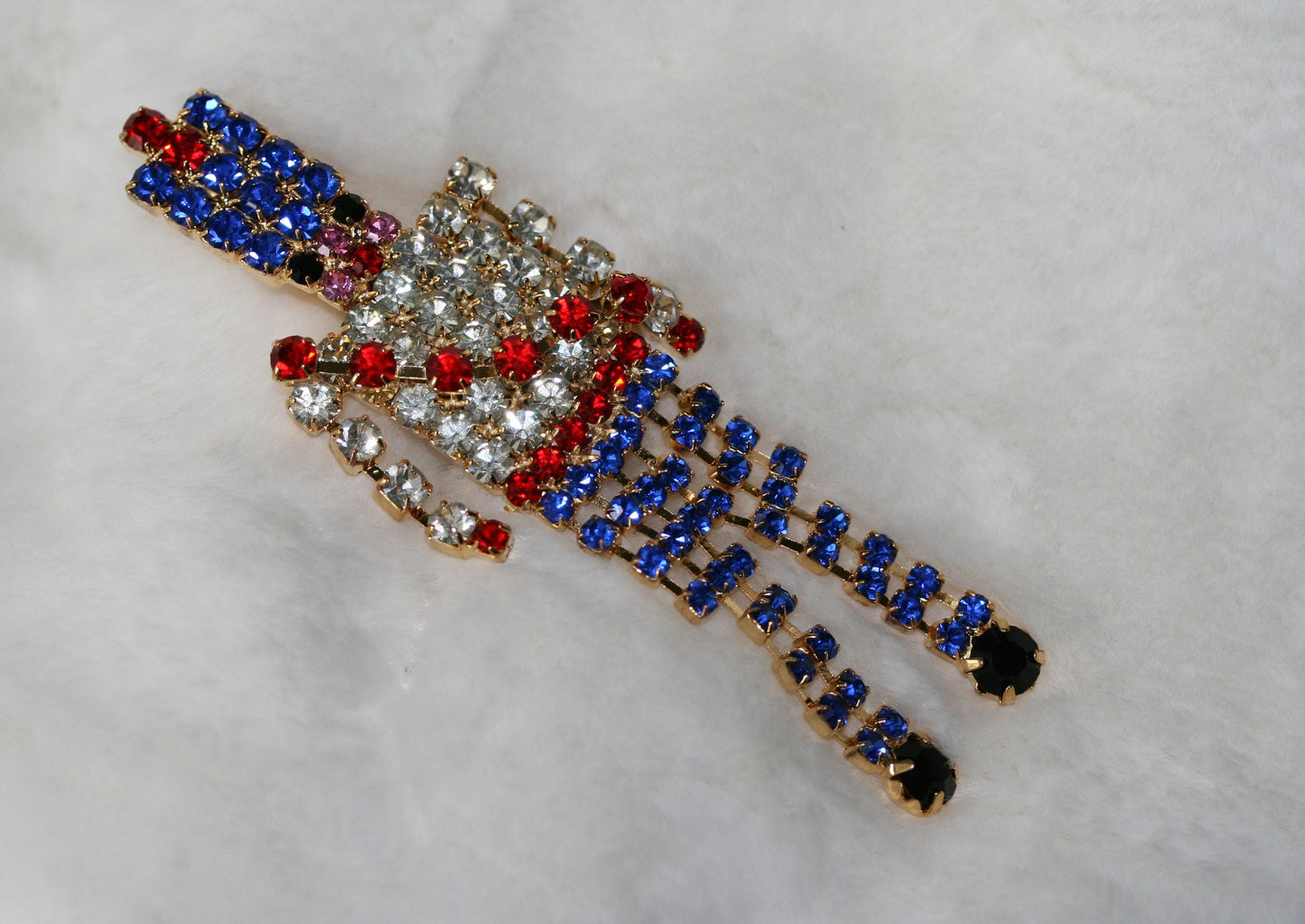 Vintage Red White Blue Christmas 3.5" Toy Soldier Dangle Rhinestone Pin Brooch, Toy Soldier Post Earrings