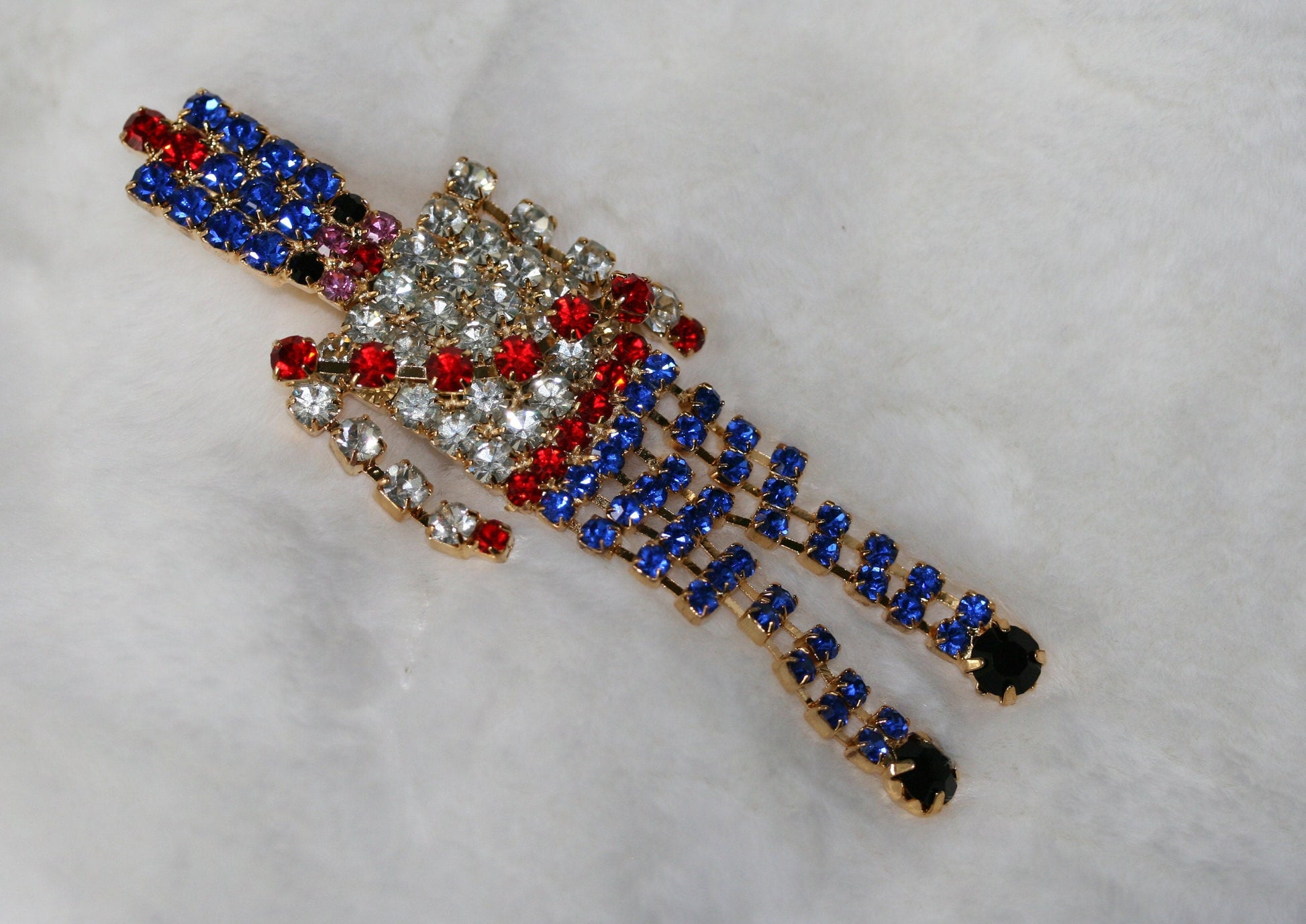 Vintage Red White Blue Christmas 3.5" Toy Soldier Dangle Rhinestone Pin Brooch, Toy Soldier Post Earrings