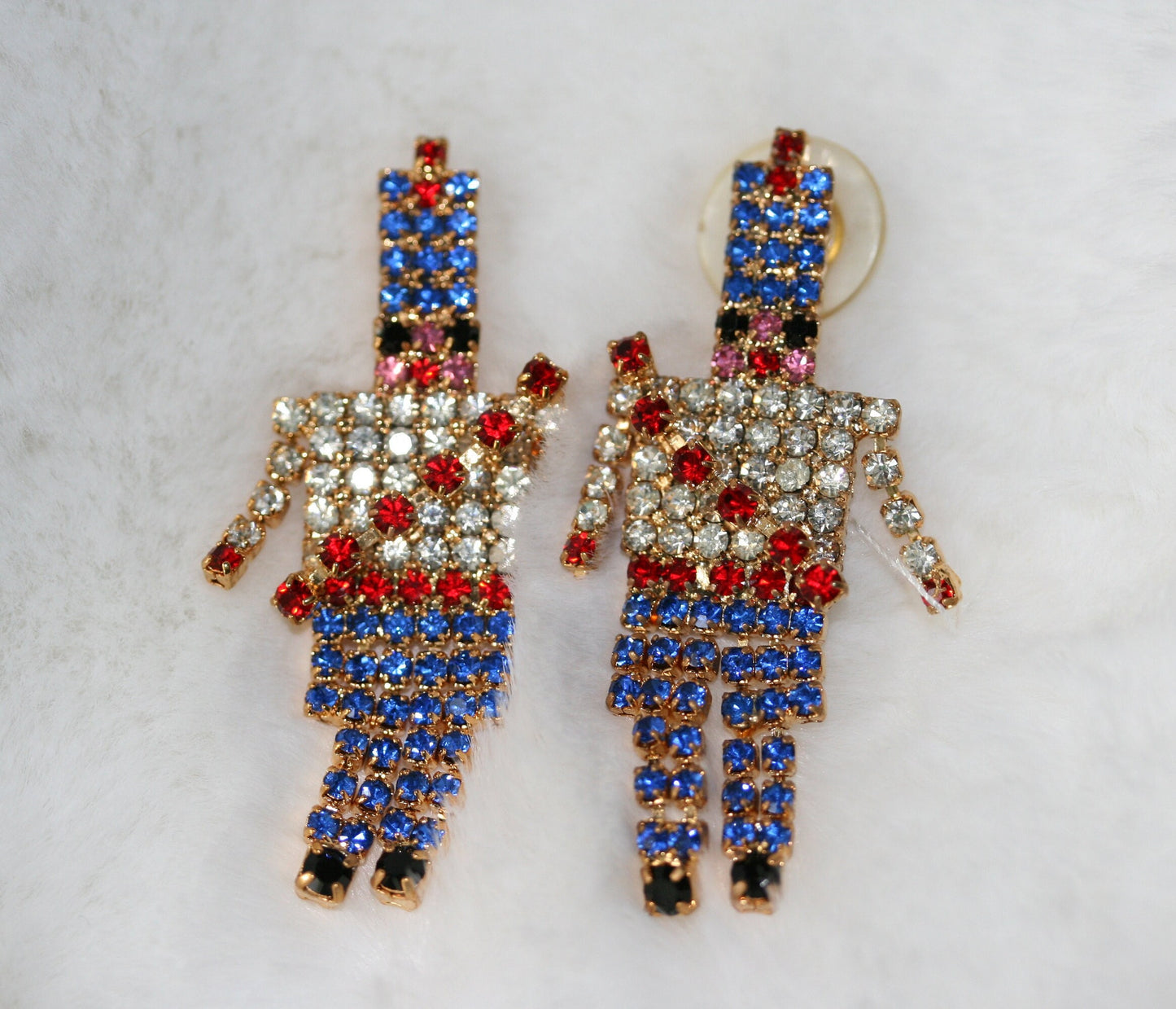 Vintage Red White Blue Christmas 3.5" Toy Soldier Dangle Rhinestone Pin Brooch, Toy Soldier Post Earrings
