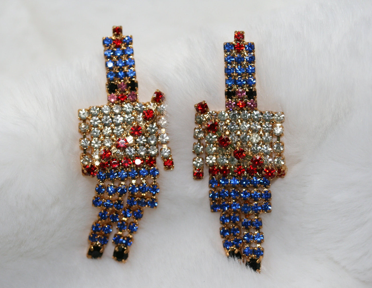 Vintage Red White Blue Christmas 3.5" Toy Soldier Dangle Rhinestone Pin Brooch, Toy Soldier Post Earrings