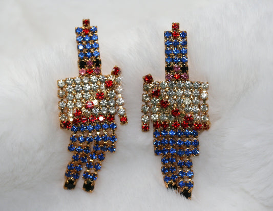 Vintage Red White Blue Christmas 3.5" Toy Soldier Dangle Rhinestone Pin Brooch, Toy Soldier Post Earrings