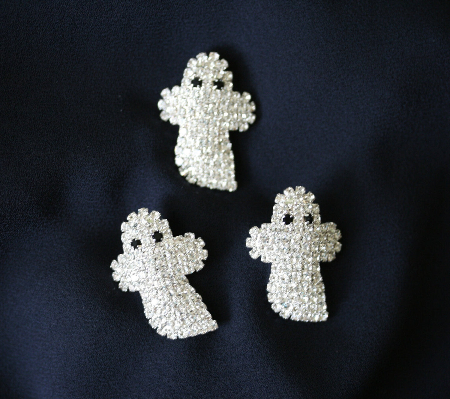 Adorable Rhinestone Baby Ghost Halloween Pin Brooch, Silver Planted Ghost Earrings, Halloween Costume Ghost Jewelry Set