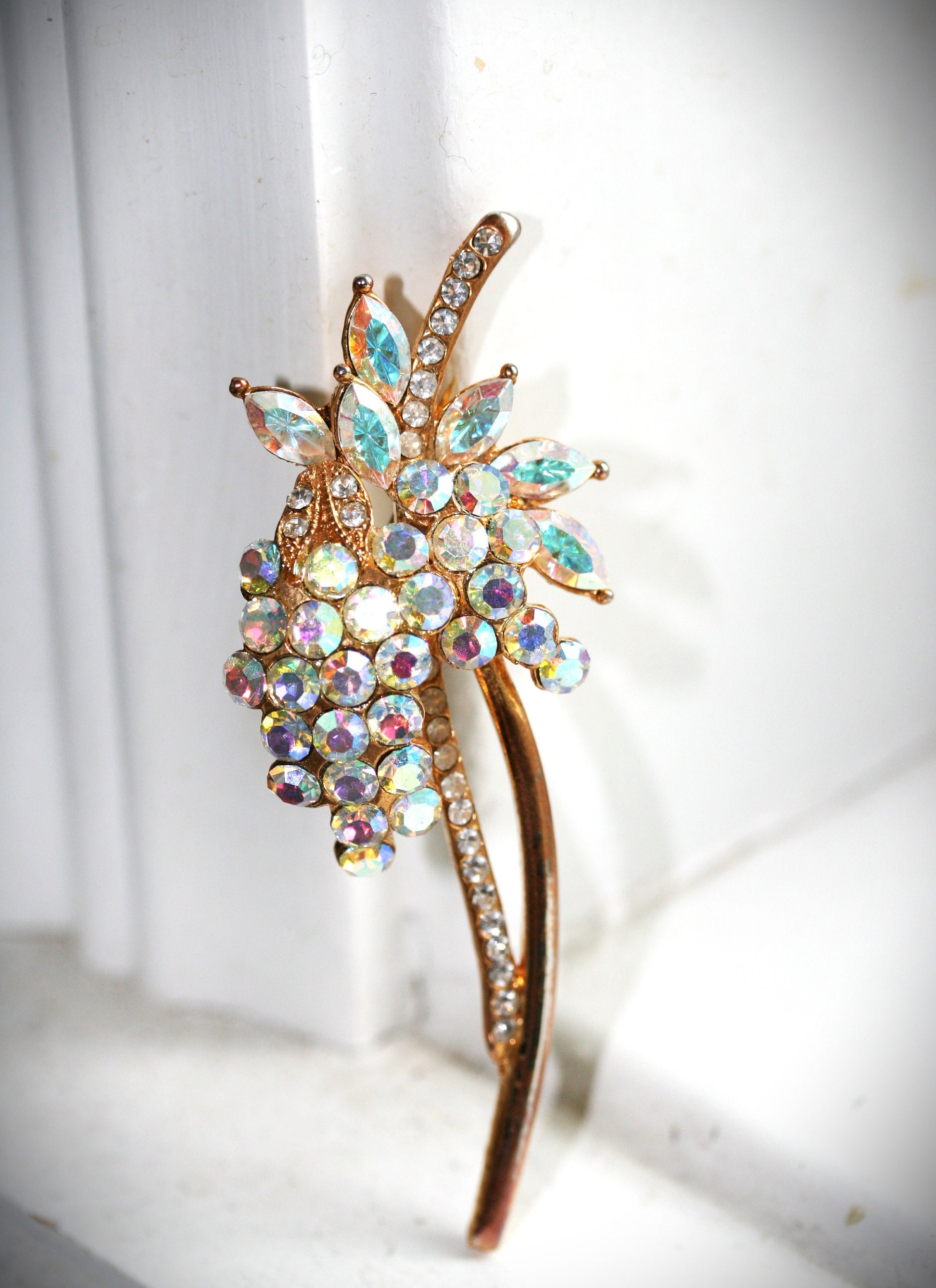 Vintage iridescent aurora borealis rhinestone brooch Flower Pin - Antique jewelry - wedding, bridal, unique gift