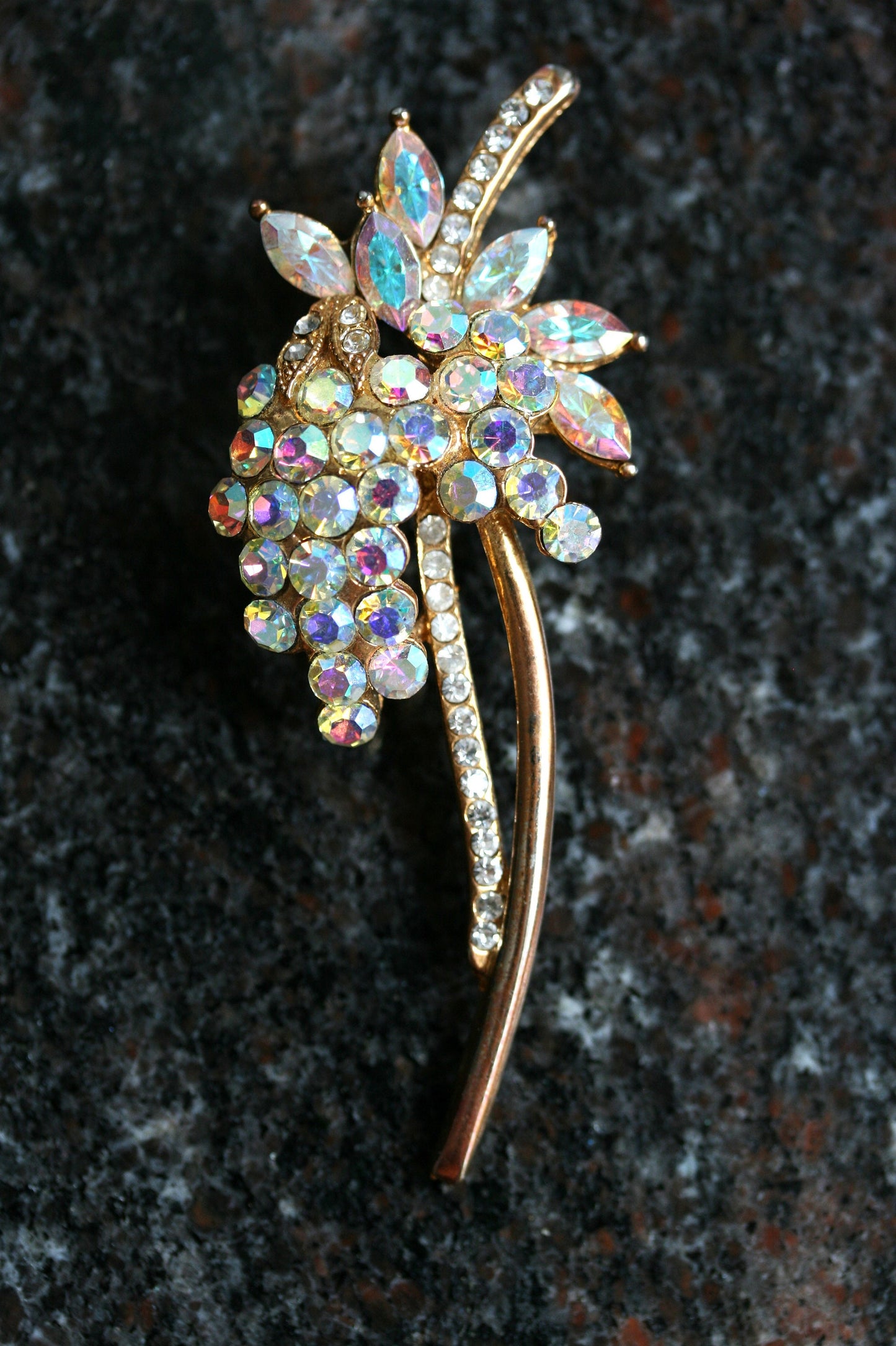 Vintage iridescent aurora borealis rhinestone brooch Flower Pin - Antique jewelry - wedding, bridal, unique gift