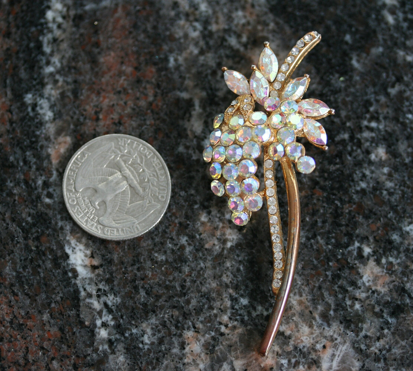 Vintage iridescent aurora borealis rhinestone brooch Flower Pin - Antique jewelry - wedding, bridal, unique gift