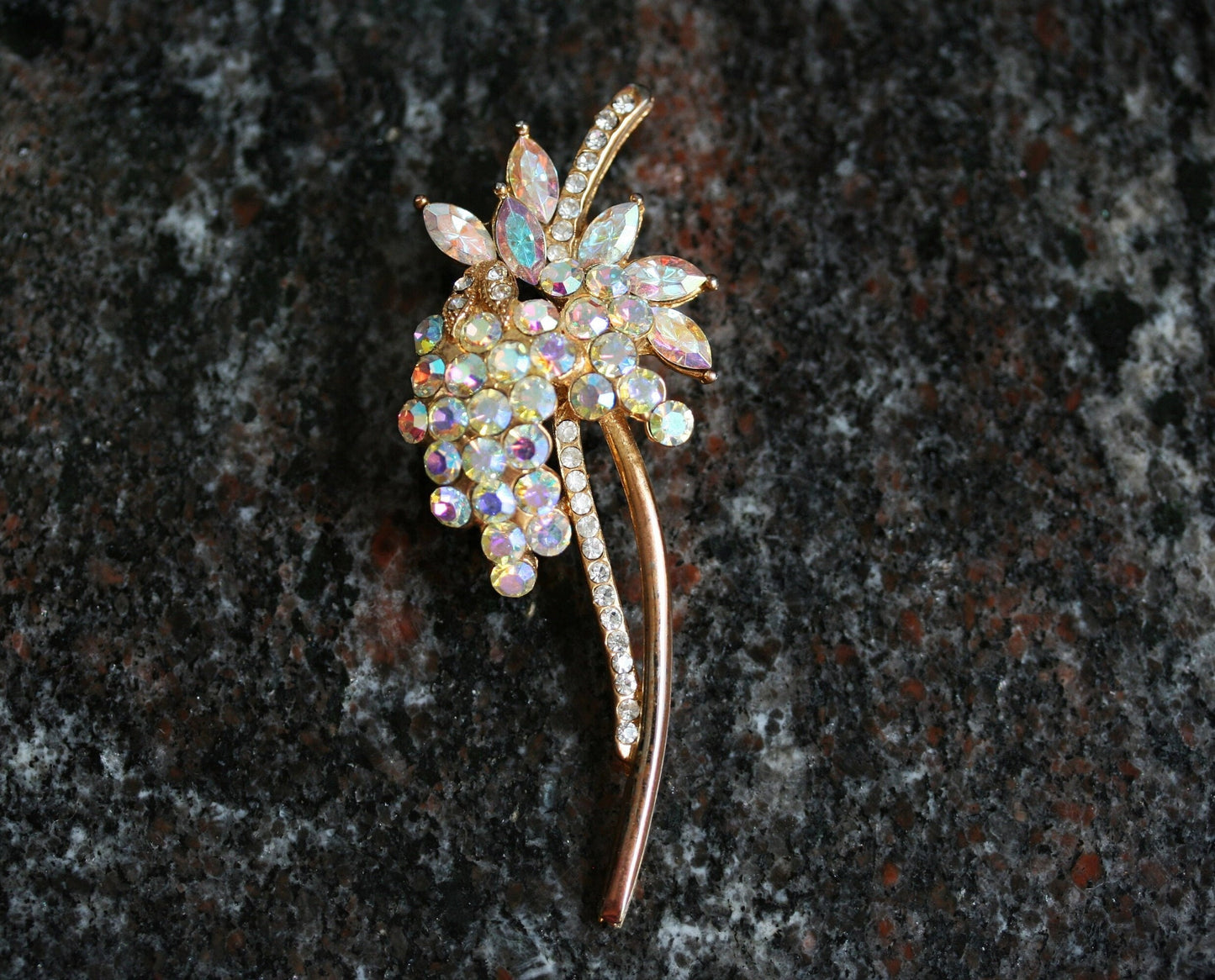 Vintage iridescent aurora borealis rhinestone brooch Flower Pin - Antique jewelry - wedding, bridal, unique gift