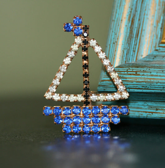 Sail Boat PIN BROOCH RHINESTONE Blue Crystal