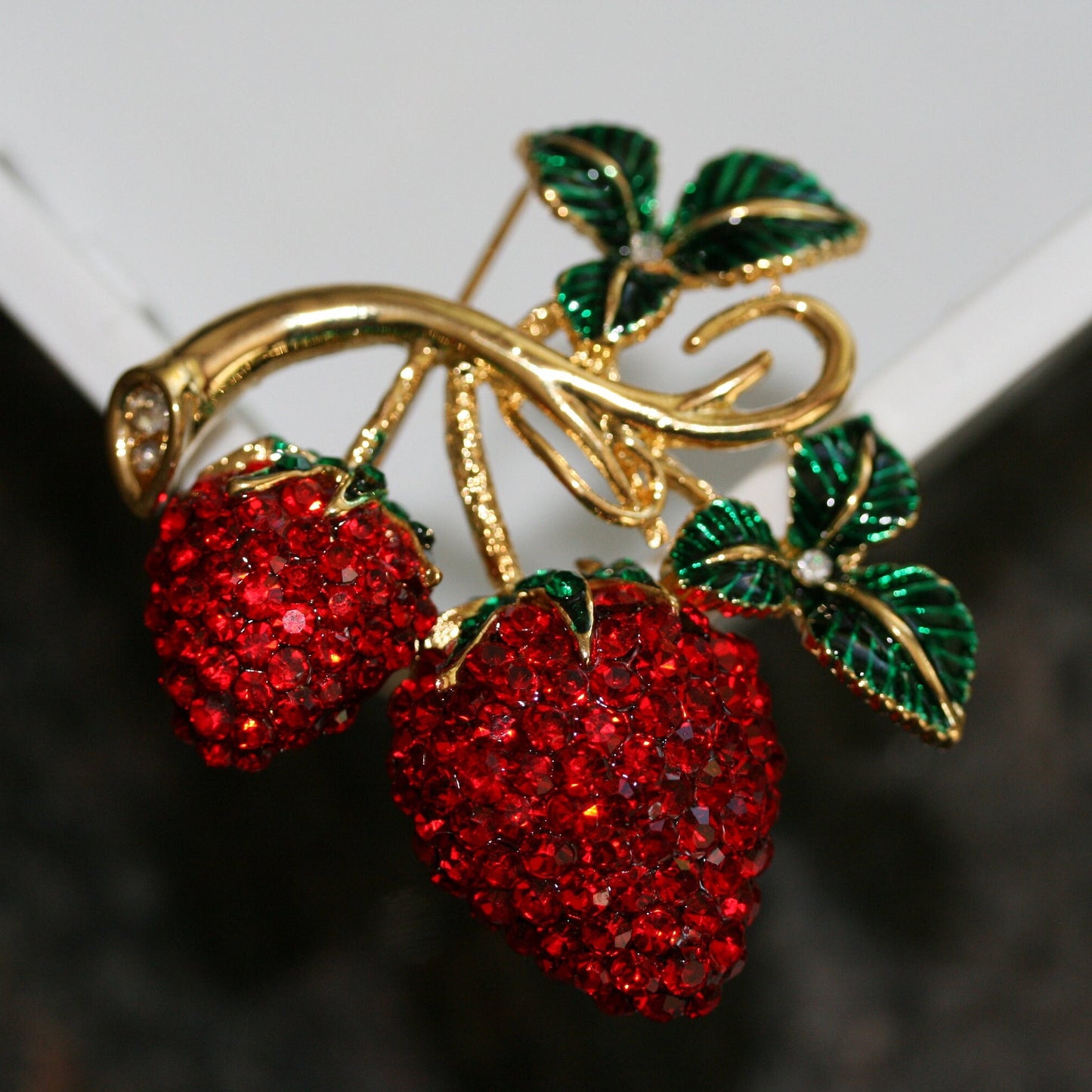 Enamel & Crystal Strawberry Brooch Pin and Pendant, Fruit Ruby Red Crystal Strawberry Brooch