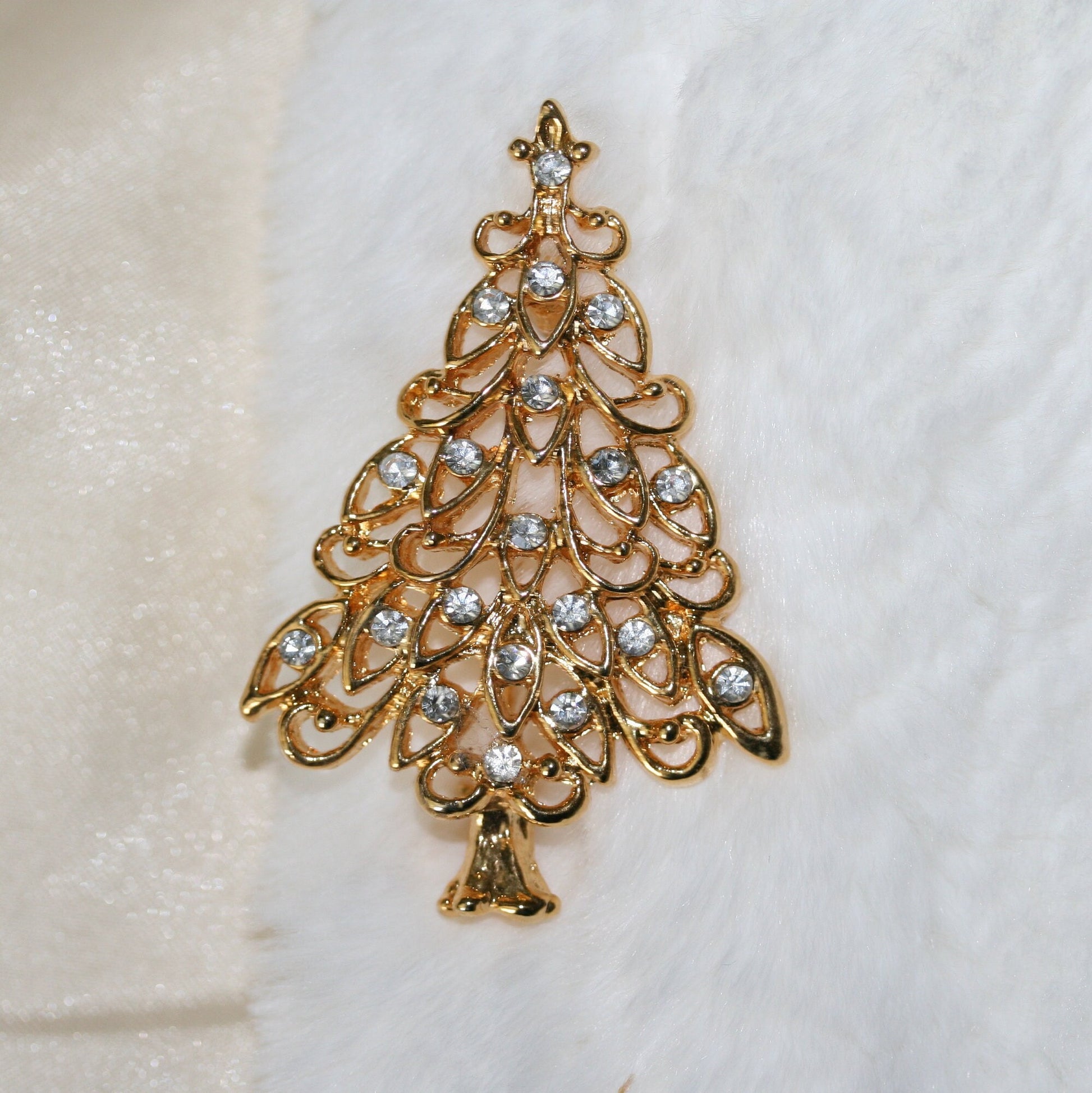 Gold-Tone Clear Rhinestone Christmas Tree Brooch Xmas Tree Pin