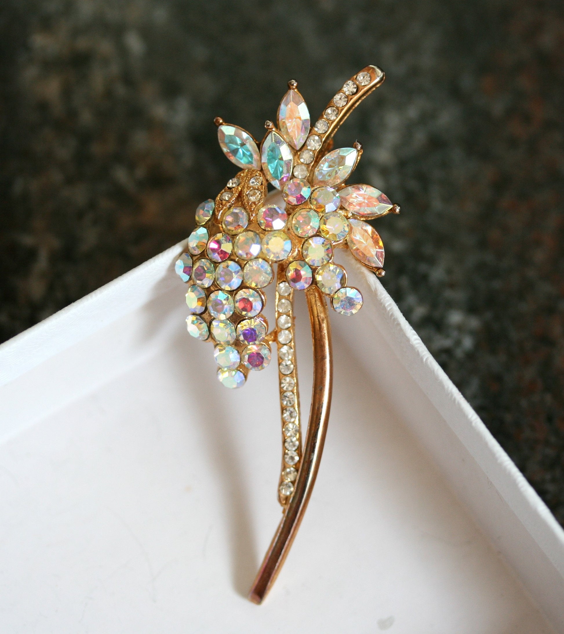 Vintage iridescent aurora borealis rhinestone brooch Flower Pin - Antique jewelry - wedding, bridal, unique gift