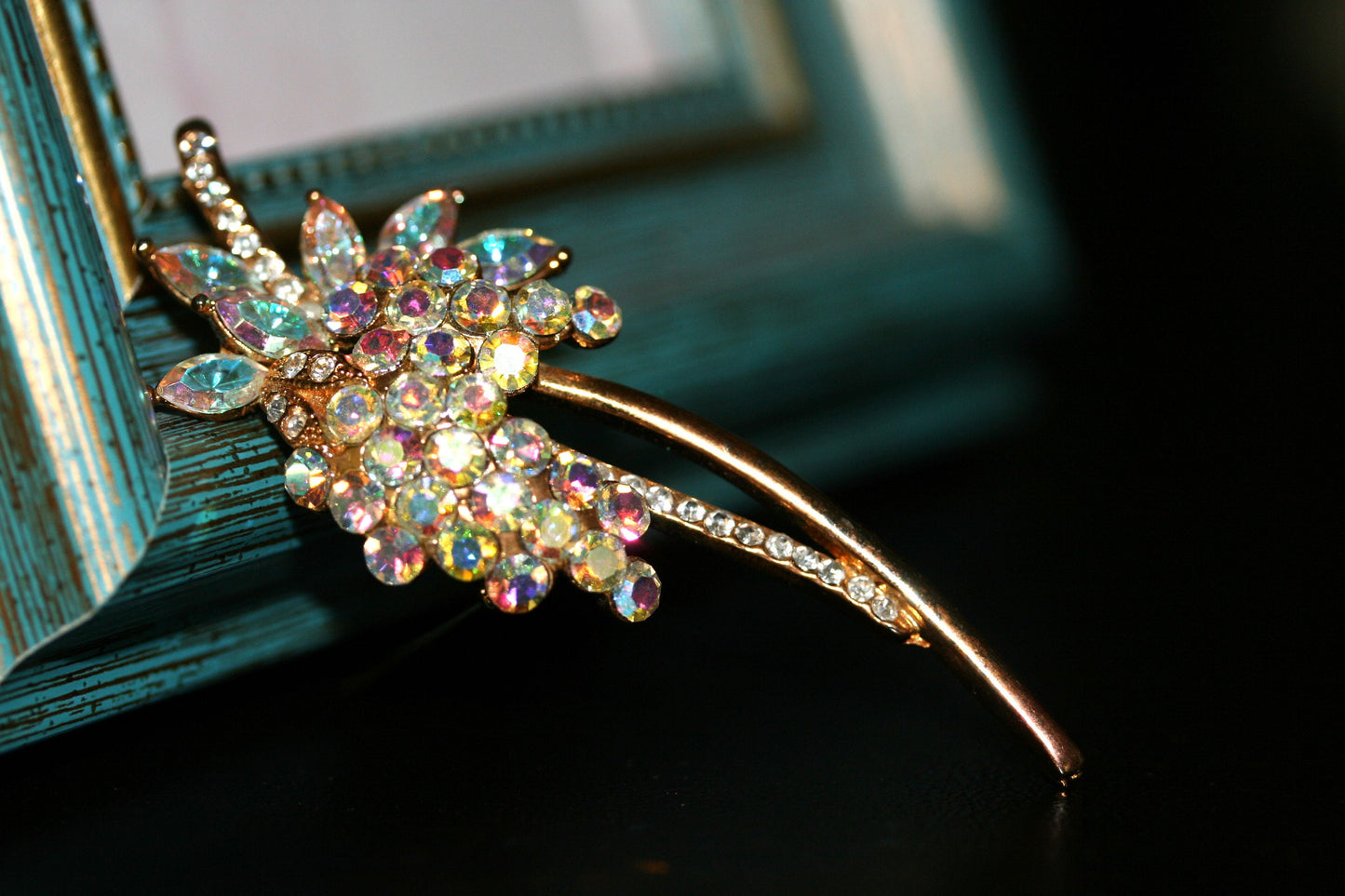 Vintage iridescent aurora borealis rhinestone brooch Flower Pin - Antique jewelry - wedding, bridal, unique gift