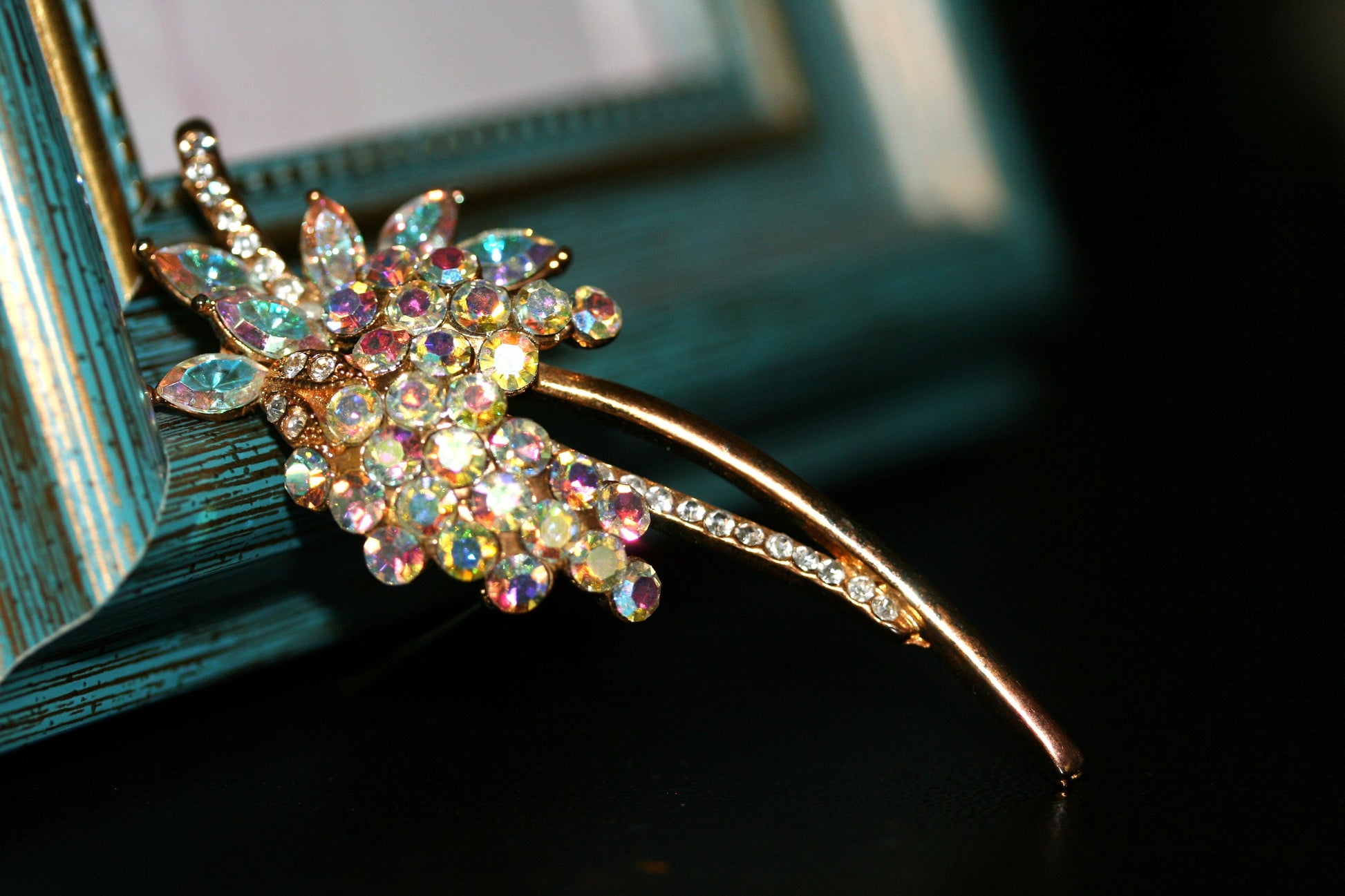 Vintage iridescent aurora borealis rhinestone brooch Flower Pin - Antique jewelry - wedding, bridal, unique gift