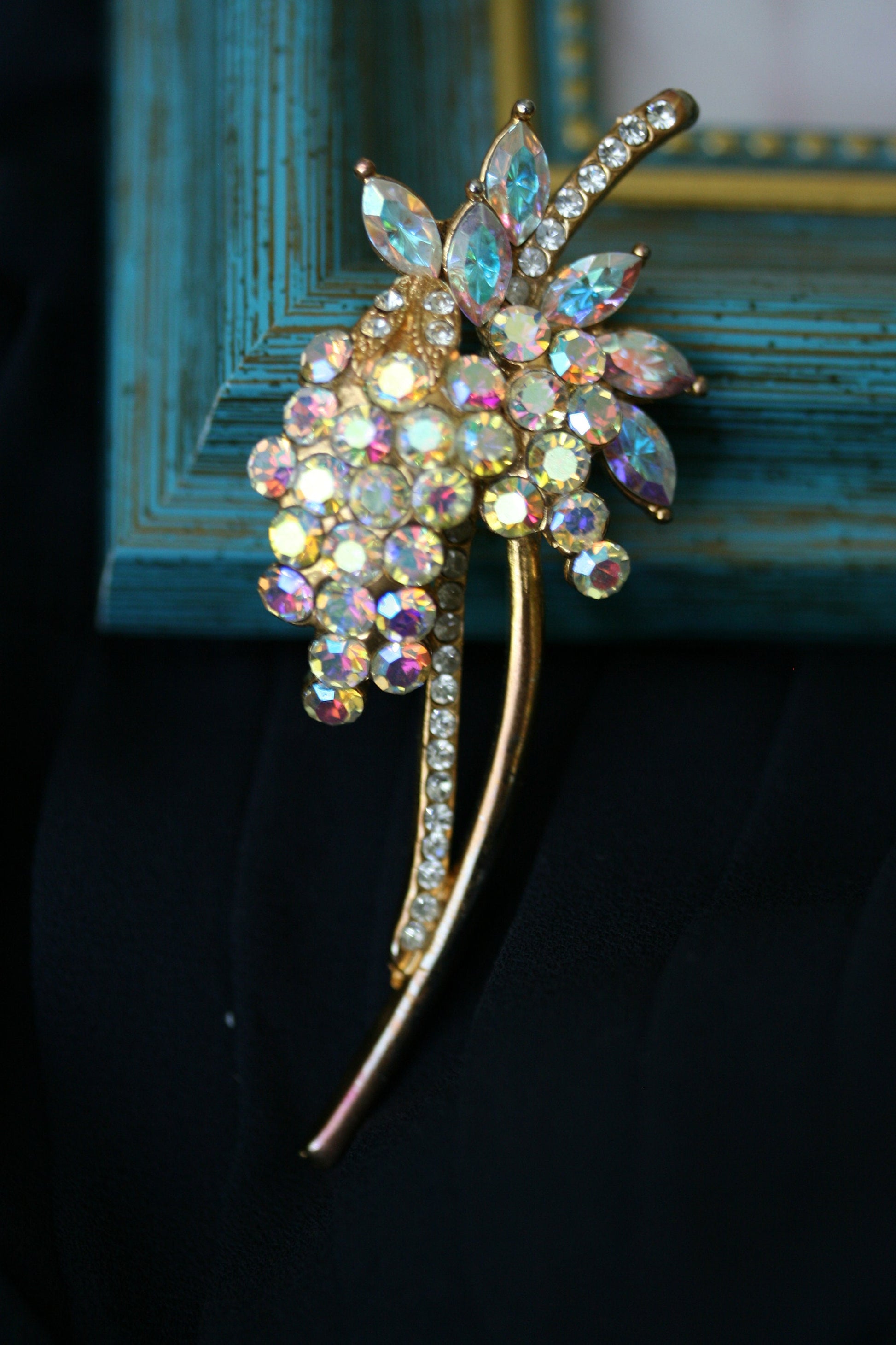Vintage iridescent aurora borealis rhinestone brooch Flower Pin - Antique jewelry - wedding, bridal, unique gift