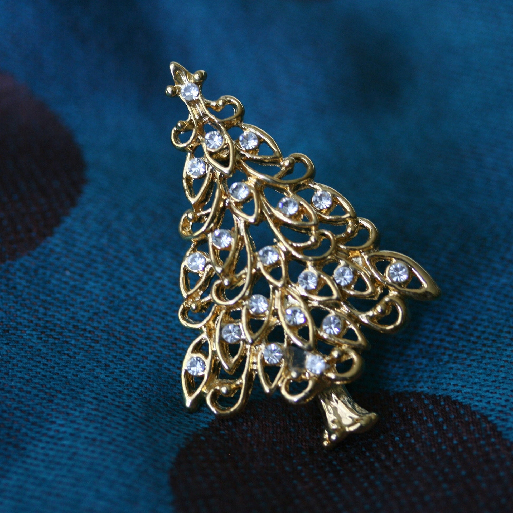 Gold-Tone Clear Rhinestone Christmas Tree Brooch Xmas Tree Pin