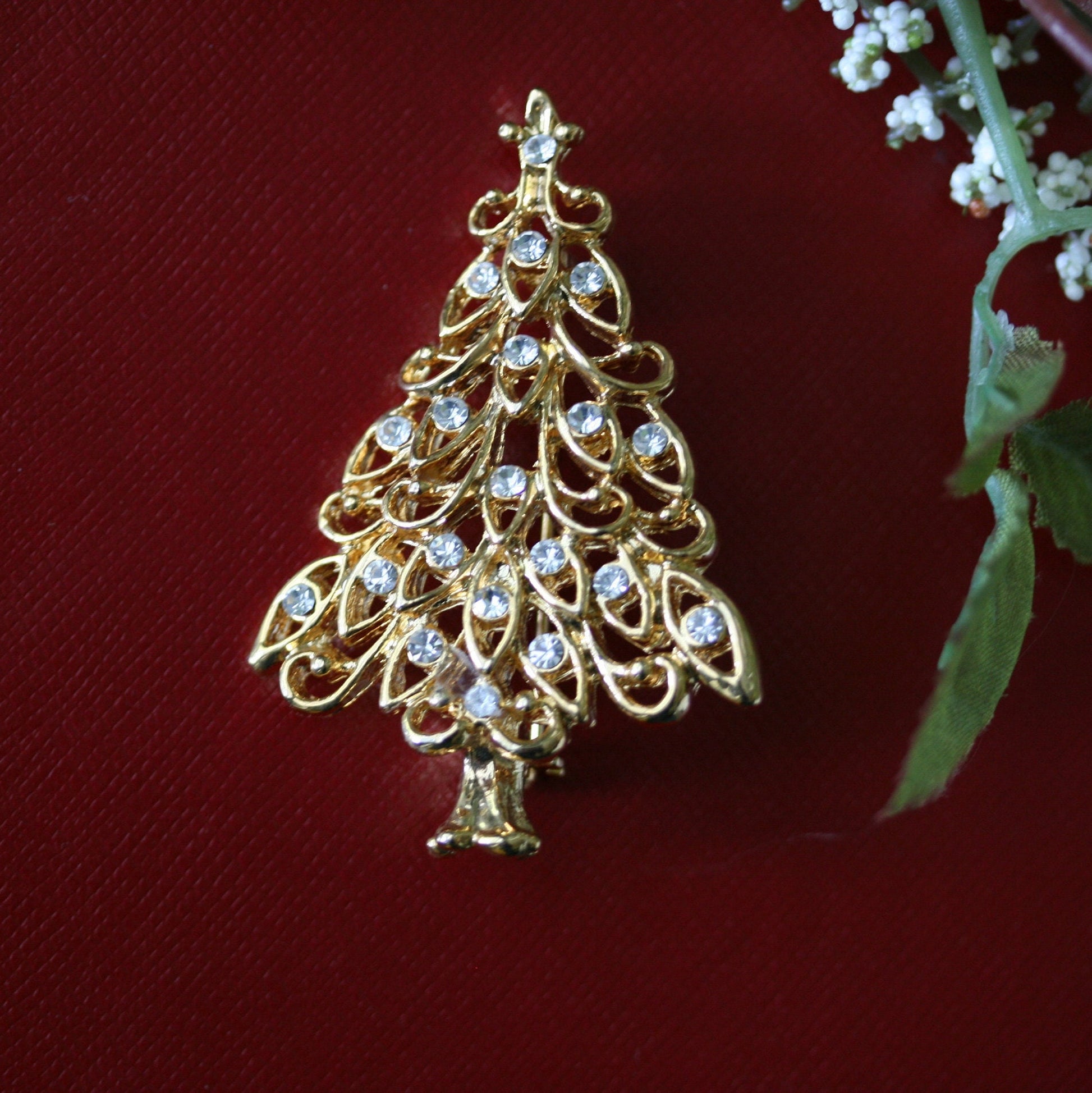 Gold-Tone Clear Rhinestone Christmas Tree Brooch Xmas Tree Pin