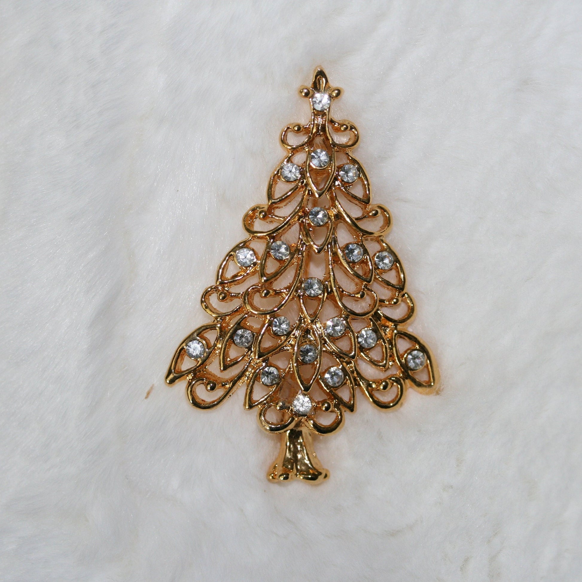 Gold-Tone Clear Rhinestone Christmas Tree Brooch Xmas Tree Pin