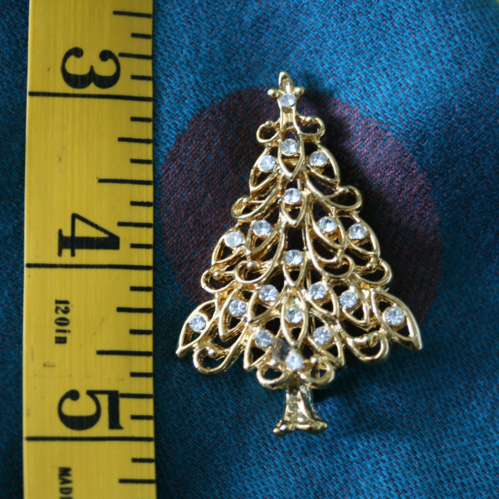Gold-Tone Clear Rhinestone Christmas Tree Brooch Xmas Tree Pin