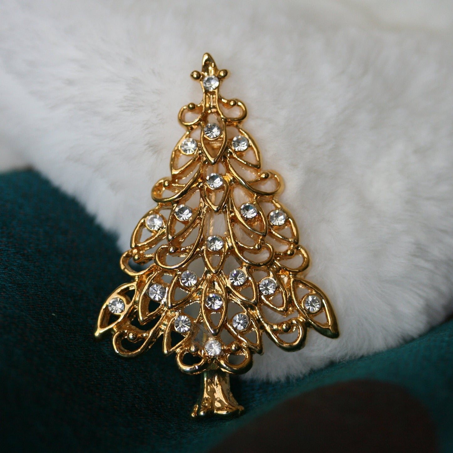 Gold-Tone Clear Rhinestone Christmas Tree Brooch Xmas Tree Pin