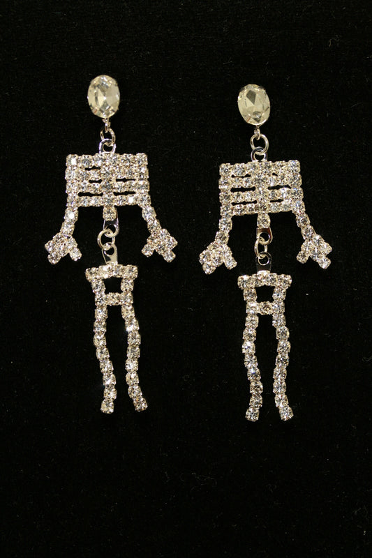 Rhinestone Bling-bling Halloween Skeleton Post Earrings, Crystal Silver Skeleton Earrings