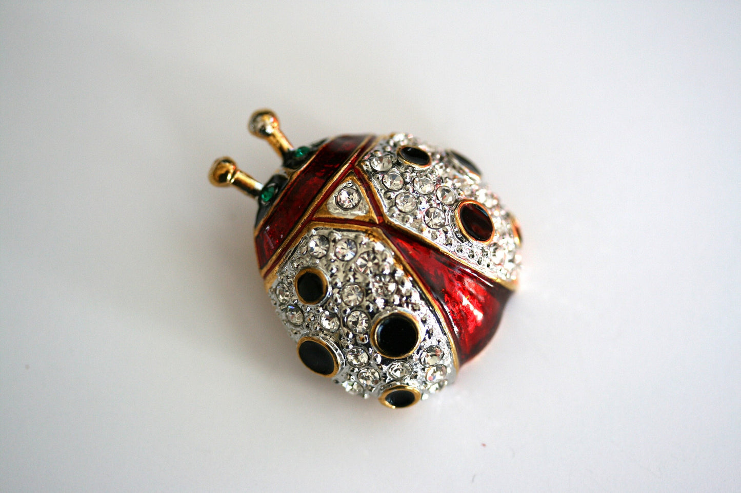 Vintage Large Ladybug brooch, Animal Ladybug Pin - - Red &Black Enamel, Crystals