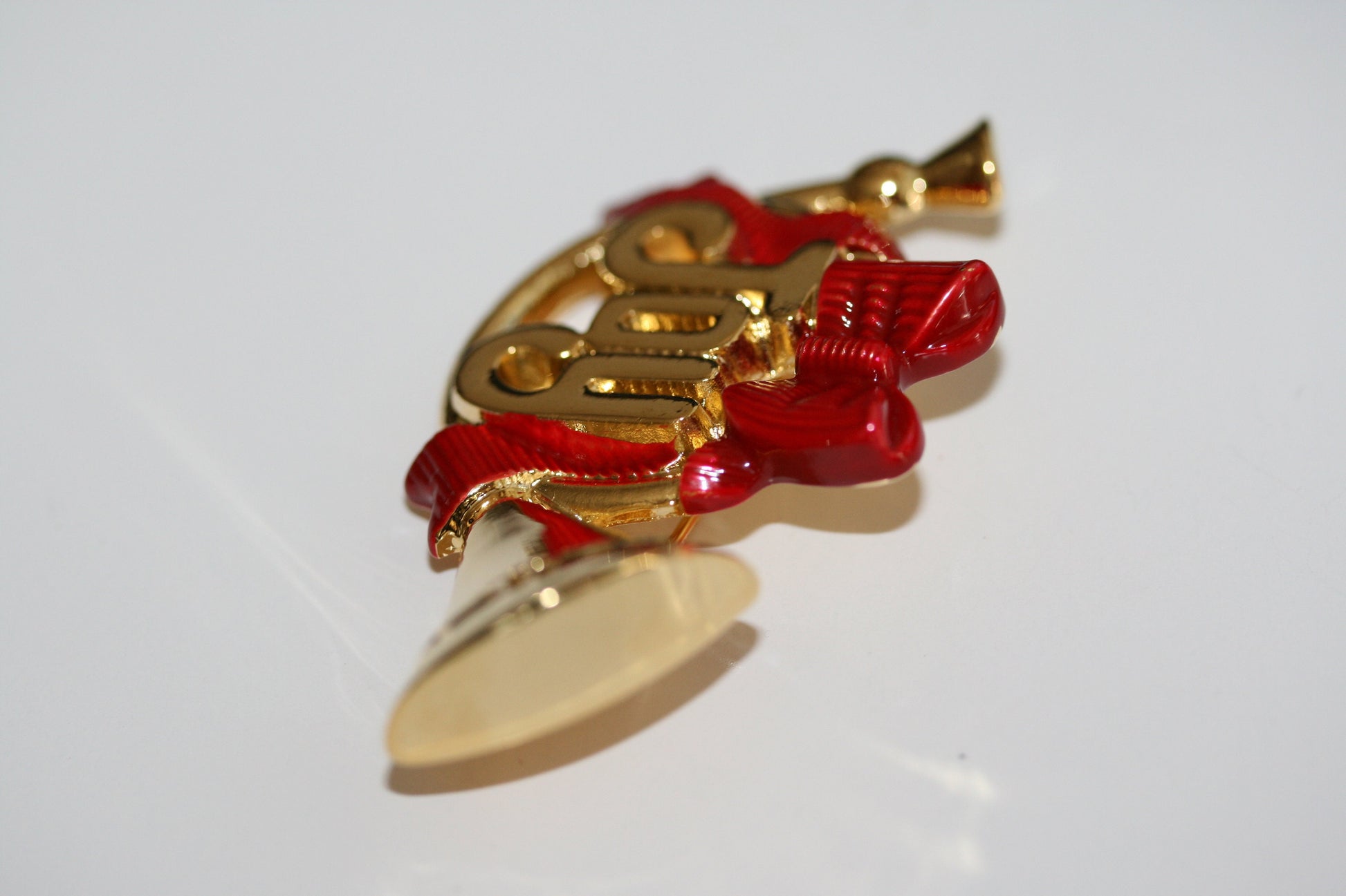 Joy French Horn Christmas Brooch Pin Christmas French Horn w/Red Bow & Holly Adorned Brooch
