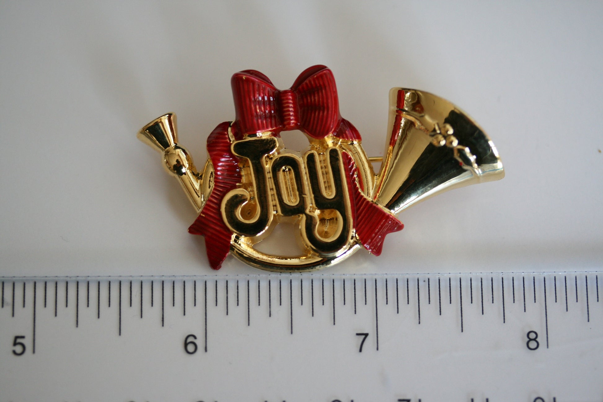 Joy French Horn Christmas Brooch Pin Christmas French Horn w/Red Bow & Holly Adorned Brooch