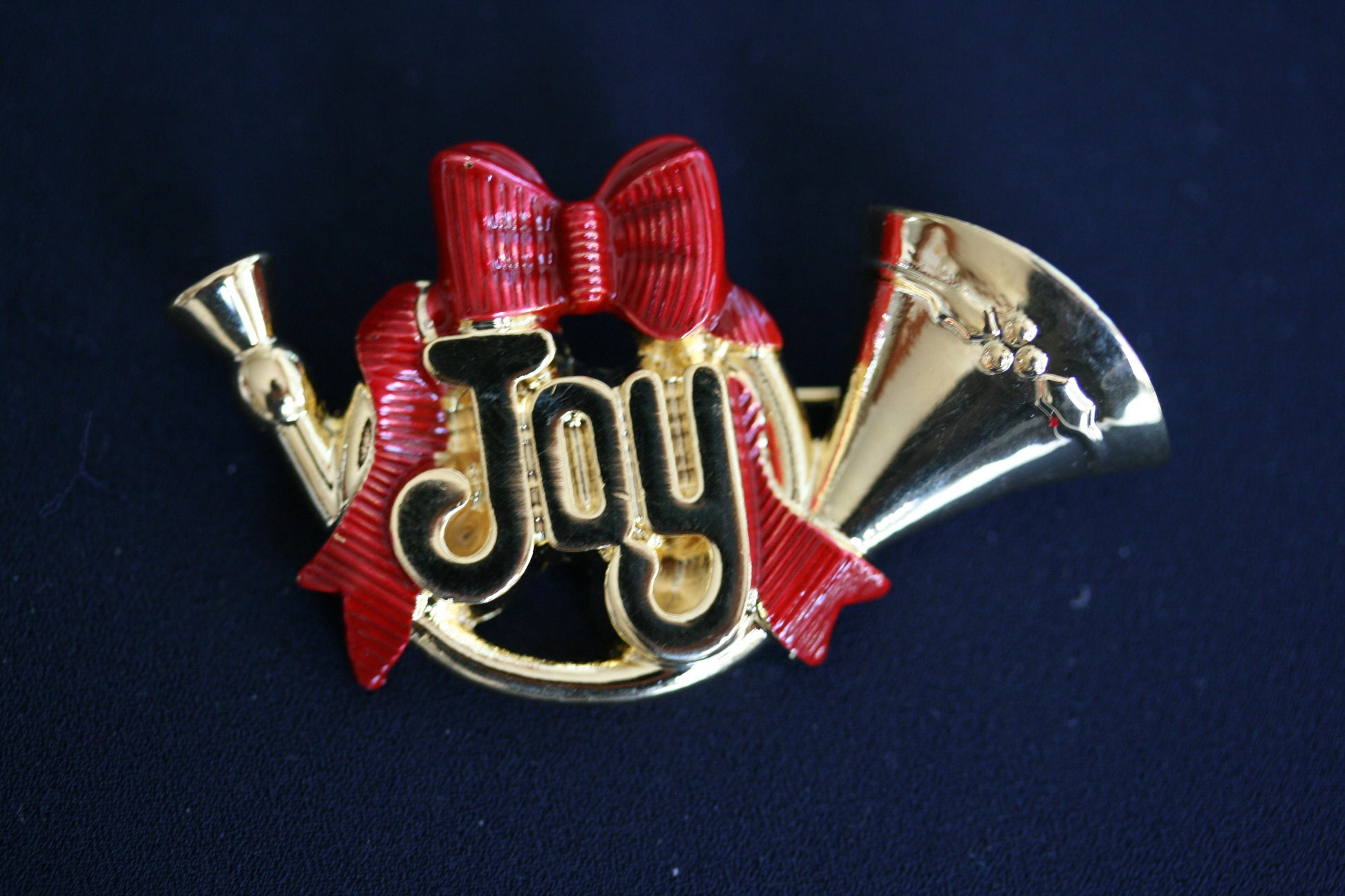 Joy French Horn Christmas Brooch Pin Christmas French Horn w/Red Bow & Holly Adorned Brooch