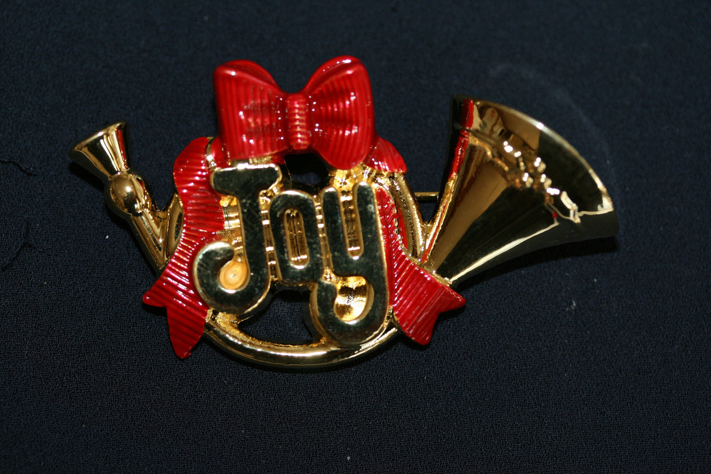 Joy French Horn Christmas Brooch Pin Christmas French Horn w/Red Bow & Holly Adorned Brooch
