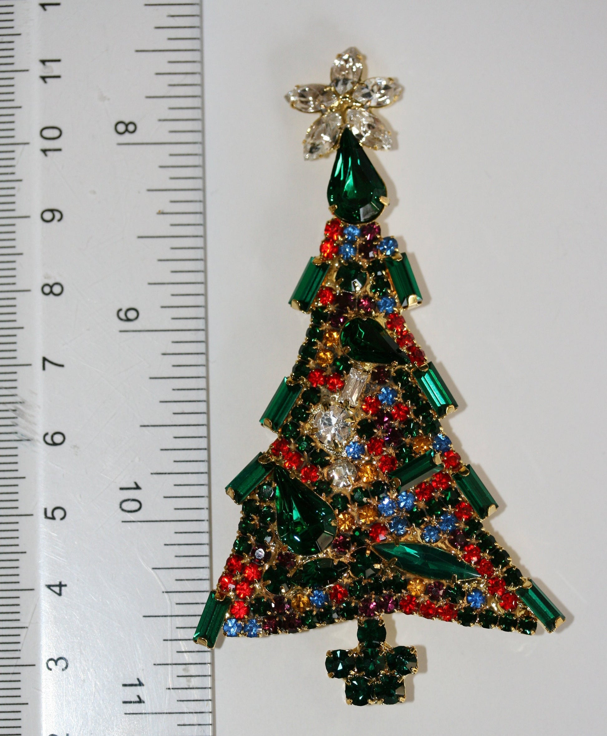 Vintage Christmas Tree Brooch Pin, Multi Color Rhinestone Xmas Tree Brooch Large Christmas Pin