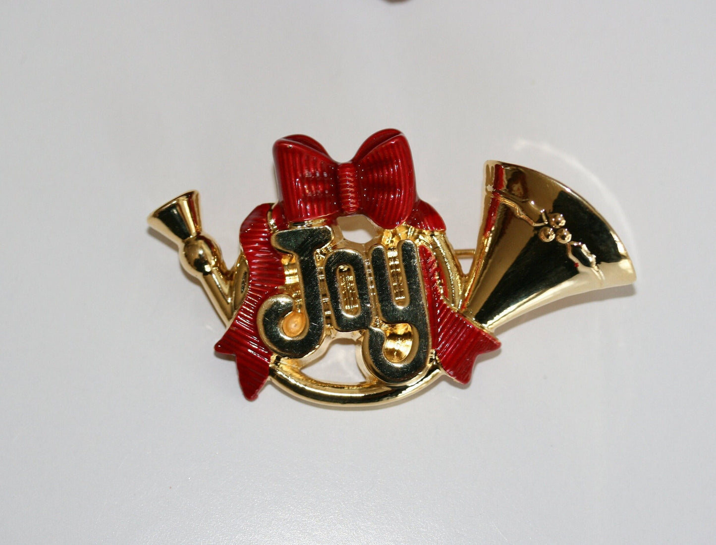Joy French Horn Christmas Brooch Pin Christmas French Horn w/Red Bow & Holly Adorned Brooch