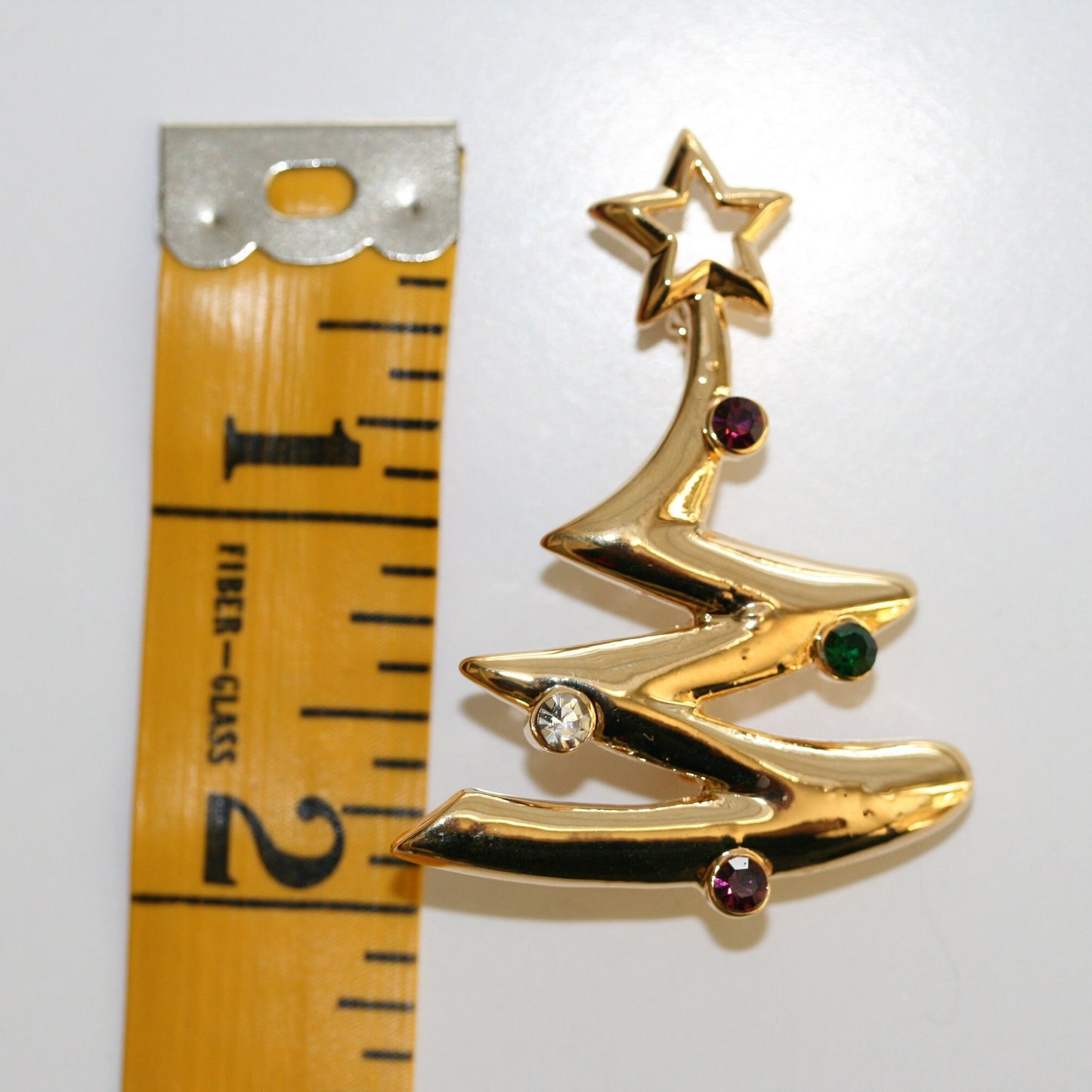 Gold toned green rhinestone Christmas tree brooch pin, Xmas tree with Star pin