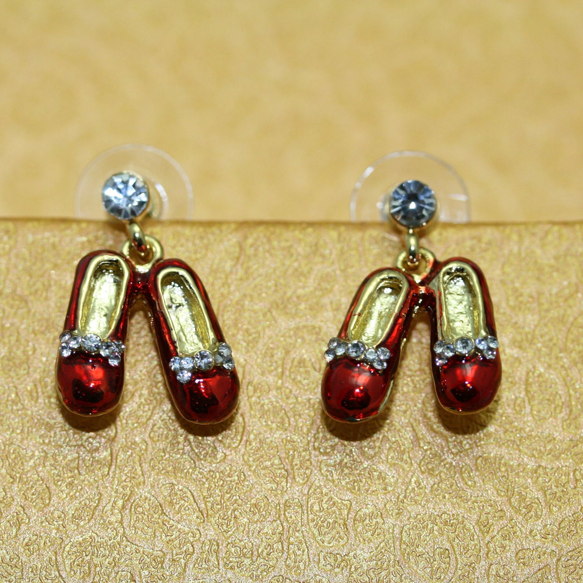 Ruby Red Slippers Lapel Pin Brooch Red Slippers Post Earrings, Red Enamel Slippers Jewelry Set