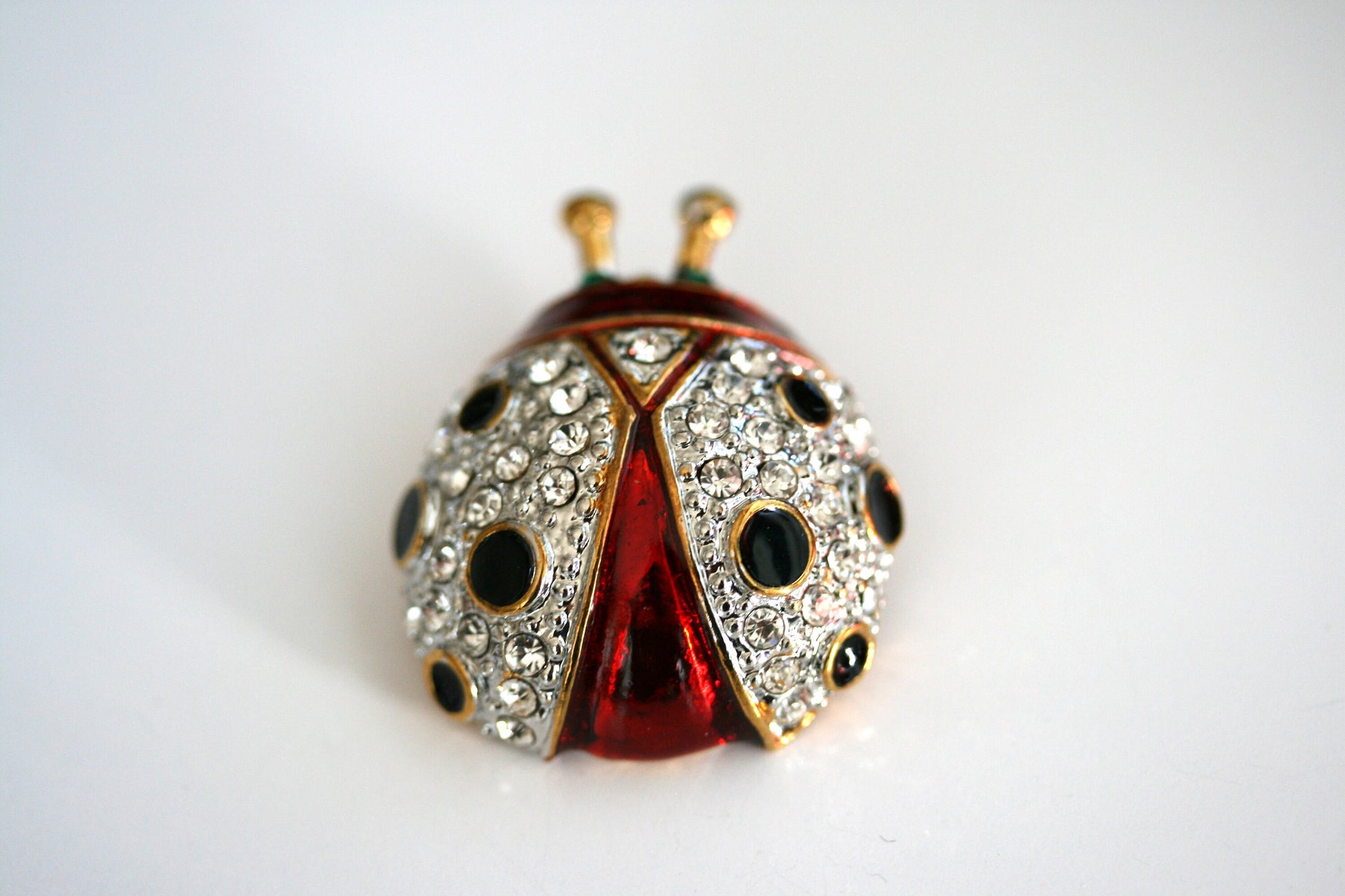 Vintage Large Ladybug brooch, Animal Ladybug Pin - - Red &Black Enamel, Crystals