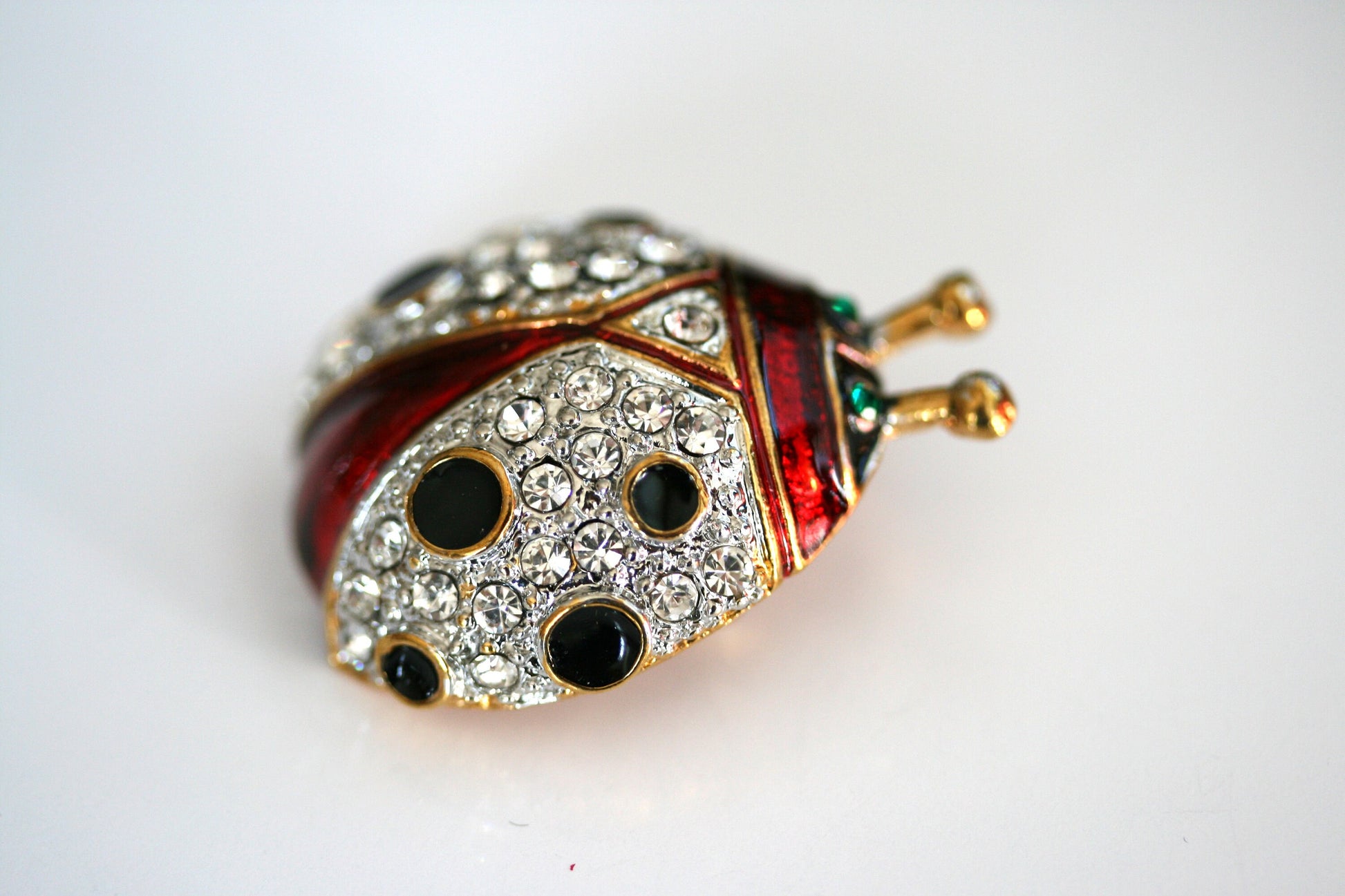 Vintage Large Ladybug brooch, Animal Ladybug Pin - - Red &Black Enamel, Crystals