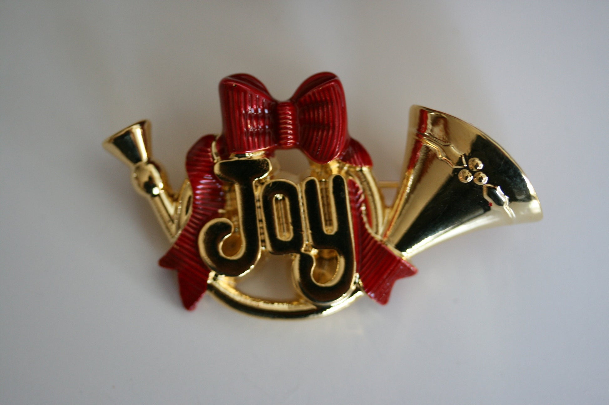 Joy French Horn Christmas Brooch Pin Christmas French Horn w/Red Bow & Holly Adorned Brooch