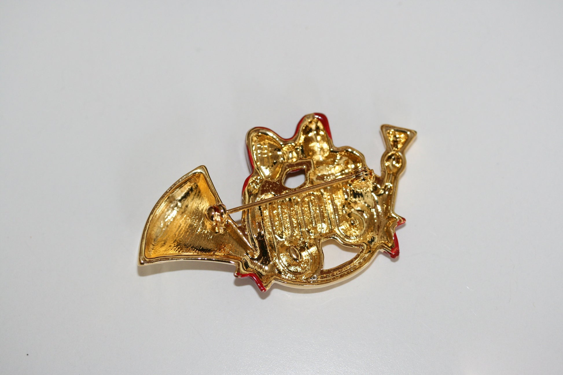 Joy French Horn Christmas Brooch Pin Christmas French Horn w/Red Bow & Holly Adorned Brooch