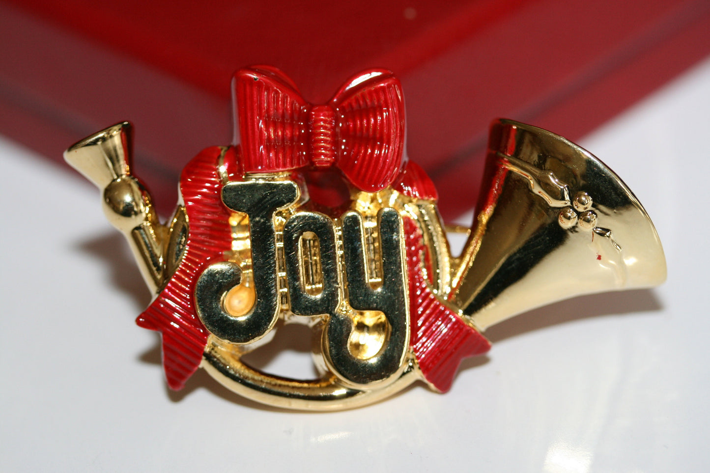 Joy French Horn Christmas Brooch Pin Christmas French Horn w/Red Bow & Holly Adorned Brooch