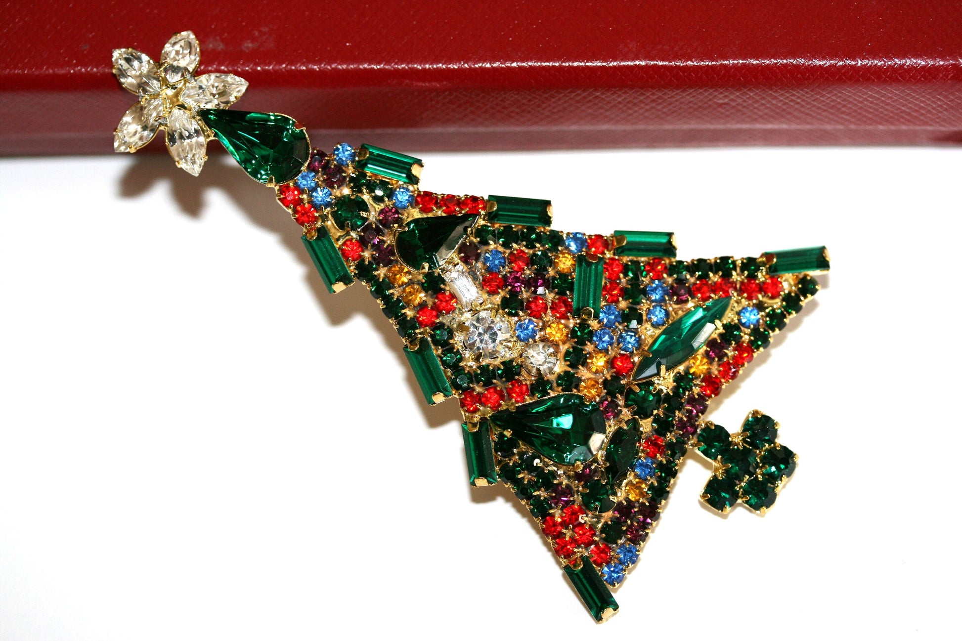Vintage Christmas Tree Brooch Pin, Multi Color Rhinestone Xmas Tree Brooch Large Christmas Pin