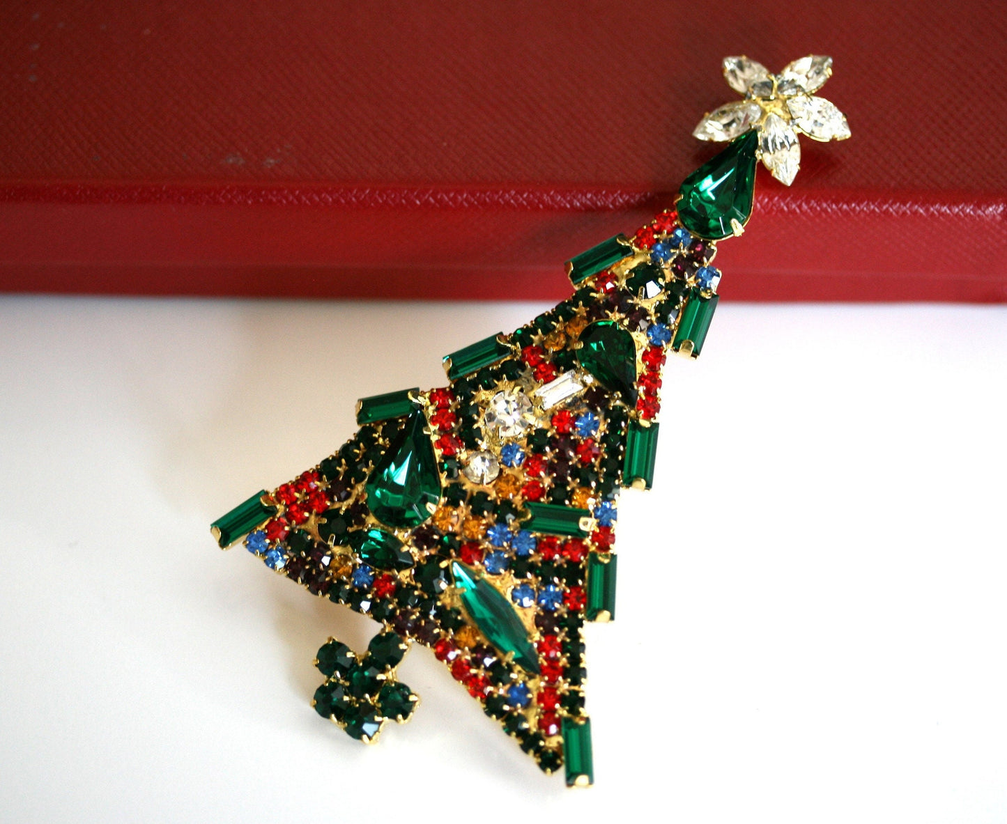 Vintage Christmas Tree Brooch Pin, Multi Color Rhinestone Xmas Tree Brooch Large Christmas Pin